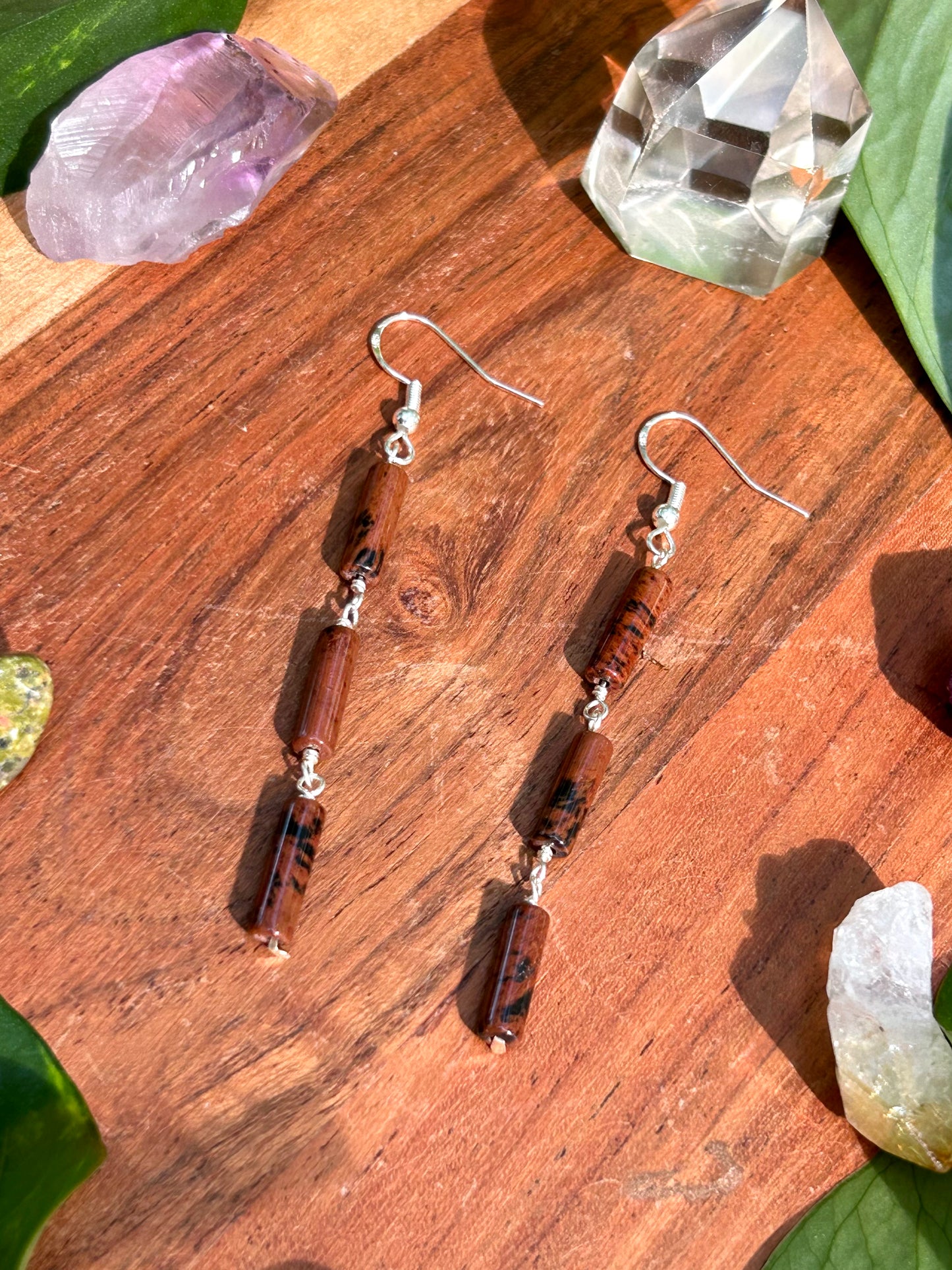 Mahogany Obsidian Gemstone Tube Sterling Silver Dangly Earrings