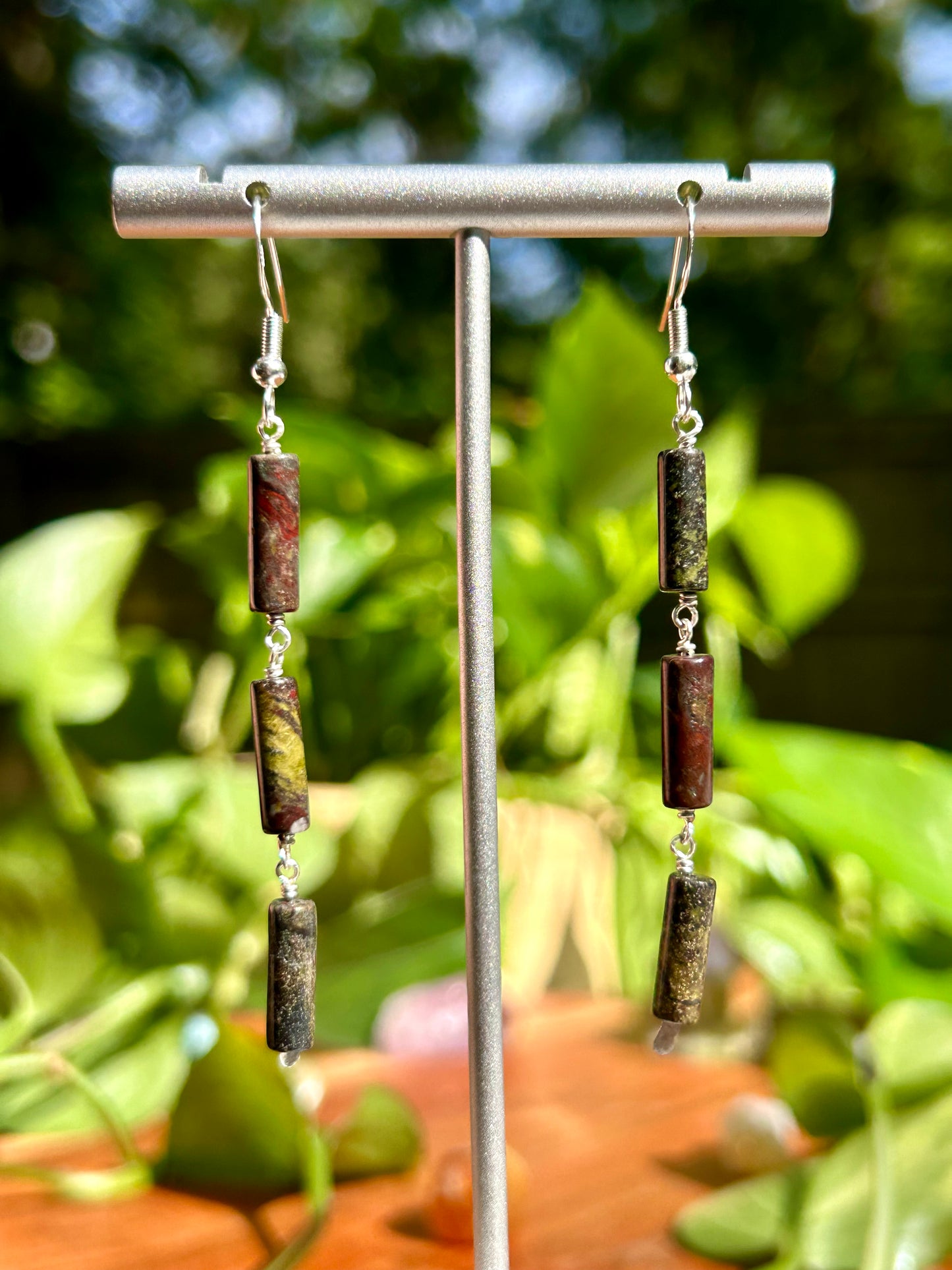 Dragons Blood Jasper Gemstone Tube Sterling Silver Dangly Earrings
