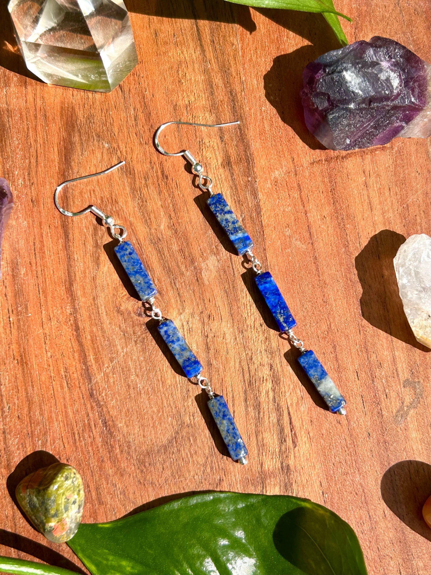 Lapis Lazuli Gemstone Tube Sterling Silver Dangly Earrings