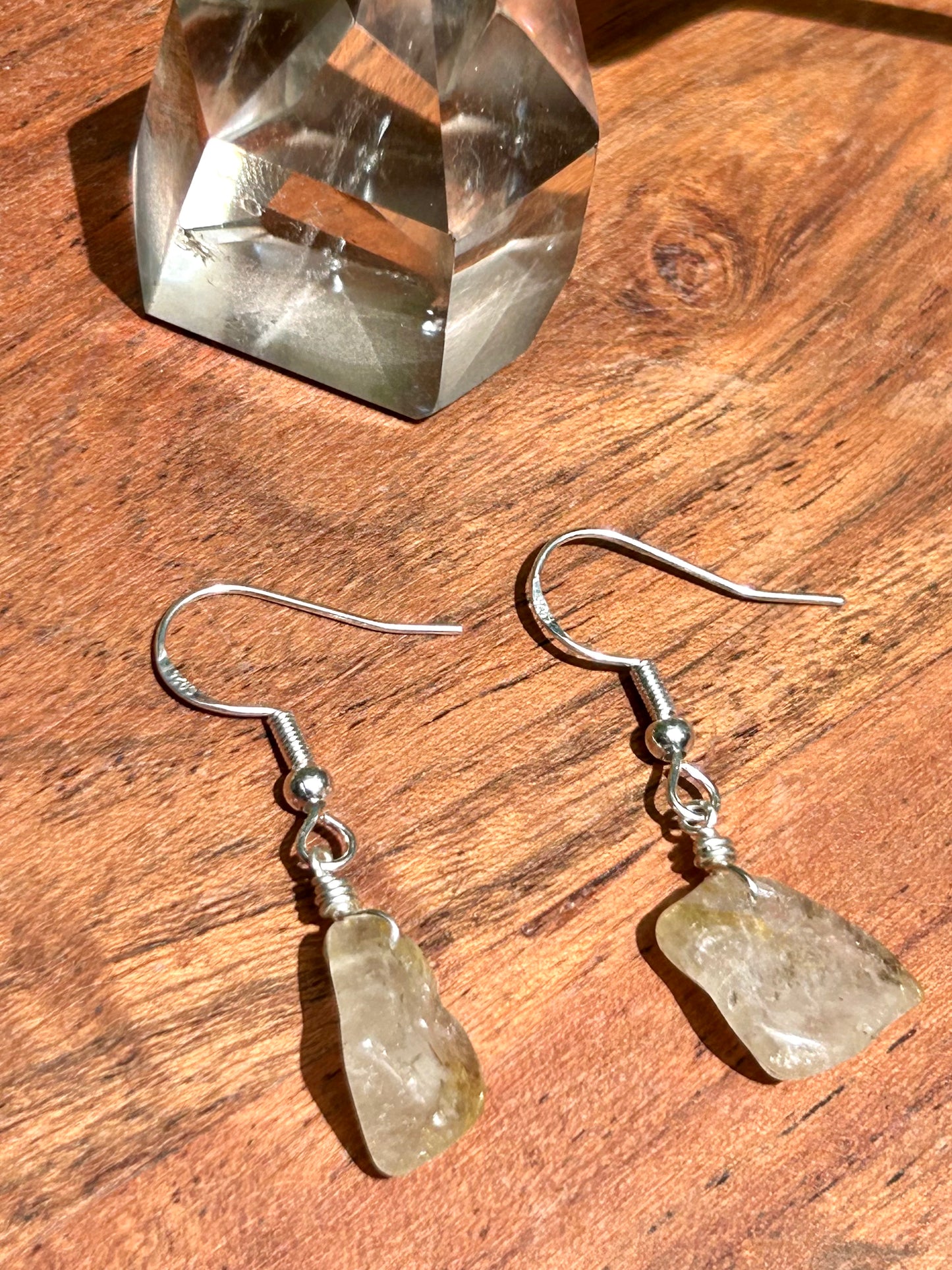 Gold Rutilated Quartz Gemstone Sterling Silver Dangly Earrings