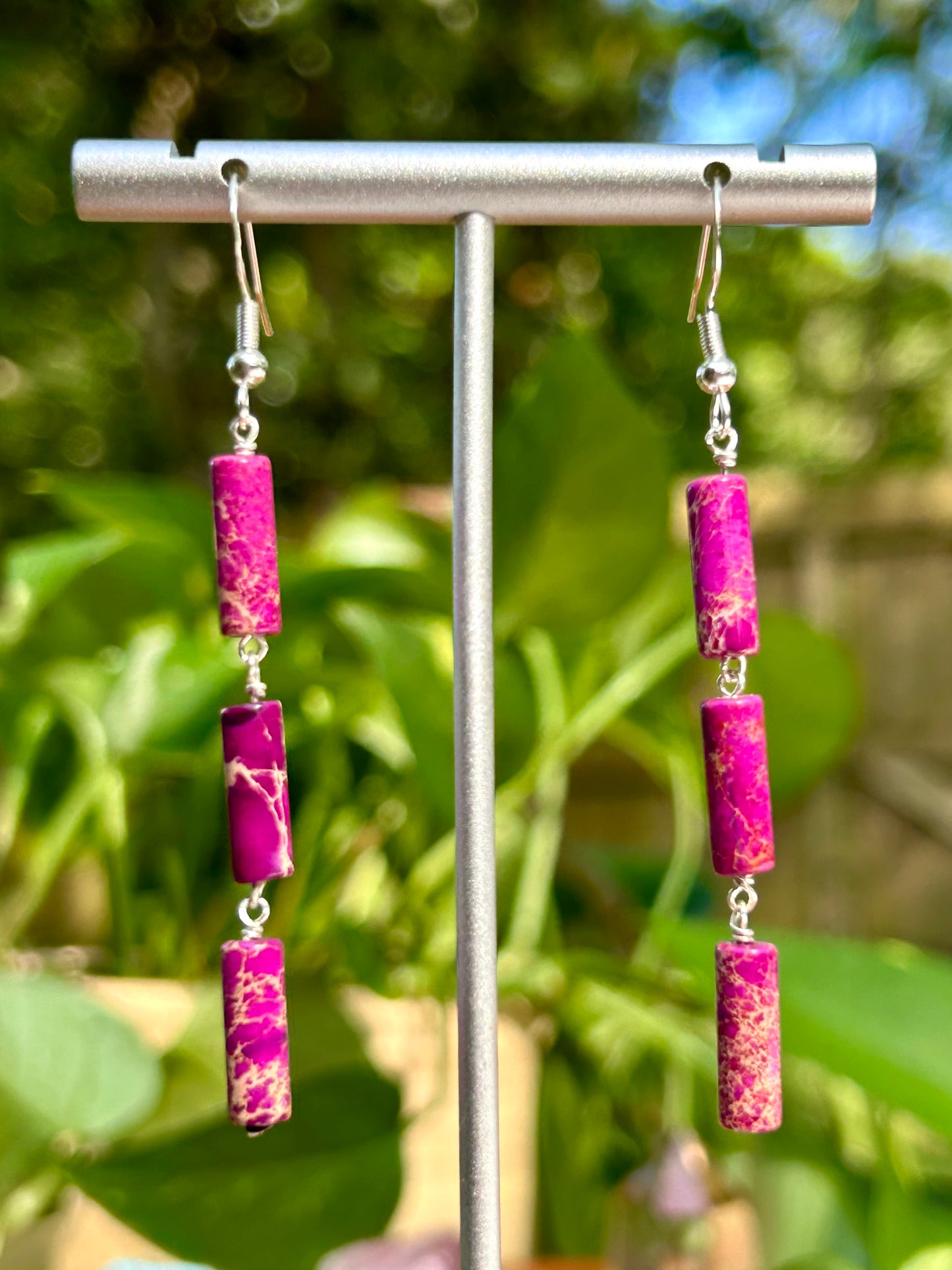 Pink “Sea Sediment Jasper” Gemstone Tube Sterling Silver Dangly Earrings