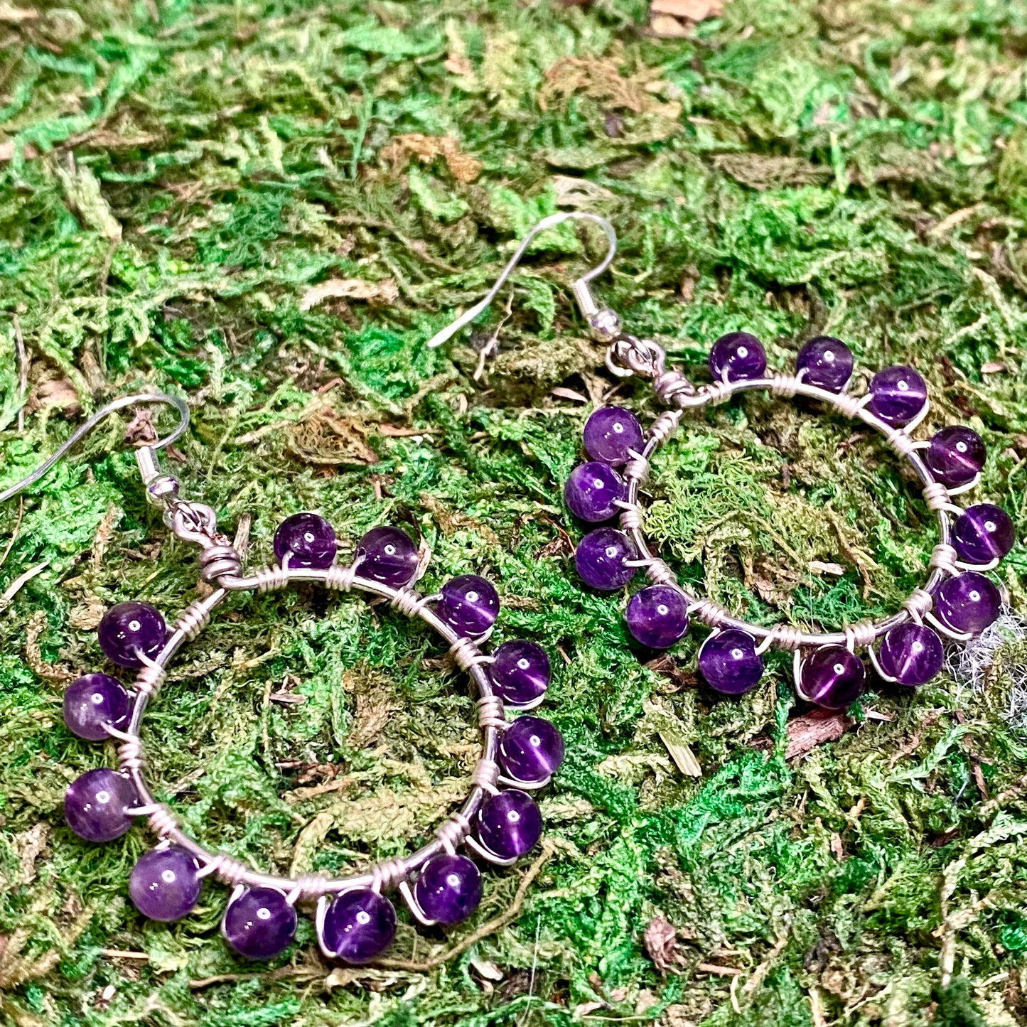 Amethyst Gemstone Beads Wire Wrapped Hoop Earrings