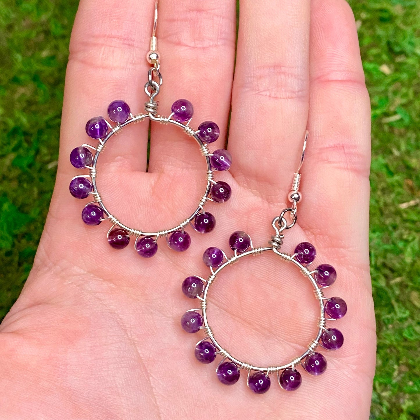 Amethyst Gemstone Beads Wire Wrapped Hoop Earrings