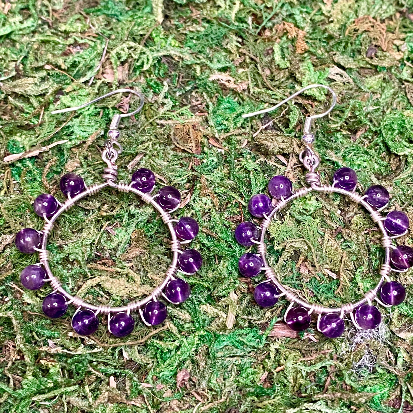 Amethyst Gemstone Beads Wire Wrapped Hoop Earrings