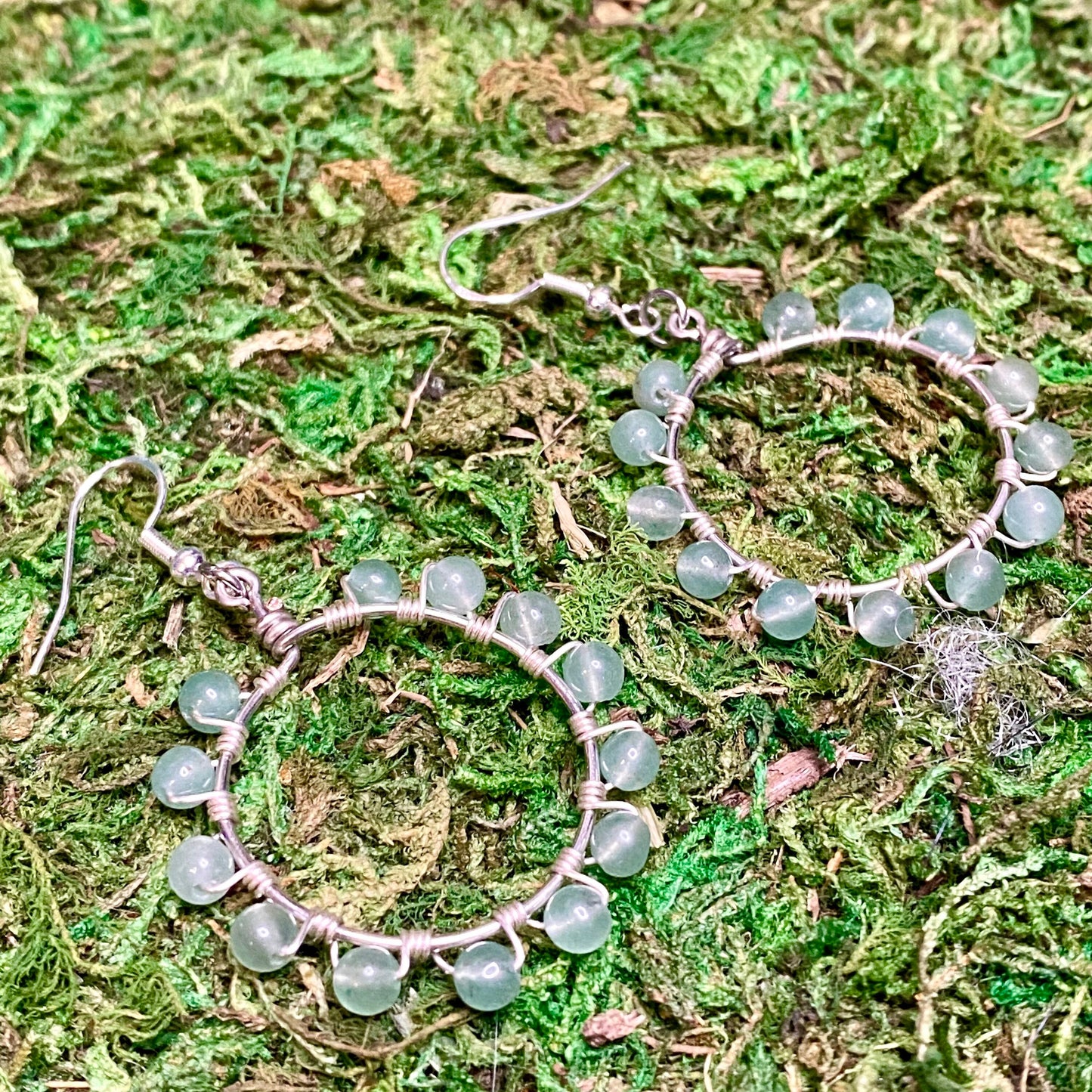 Green Aventurine Gemstone Beads Wire Wrapped Hoop Earrings