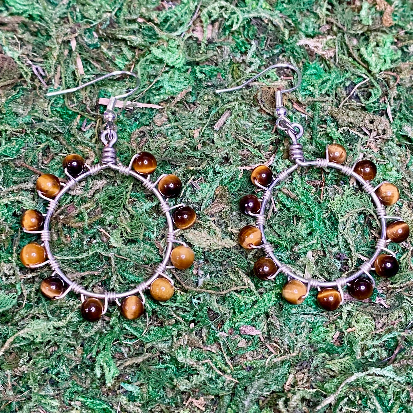 Tiger’s Eye Gemstone Beads Wire Wrapped Hoop Earrings