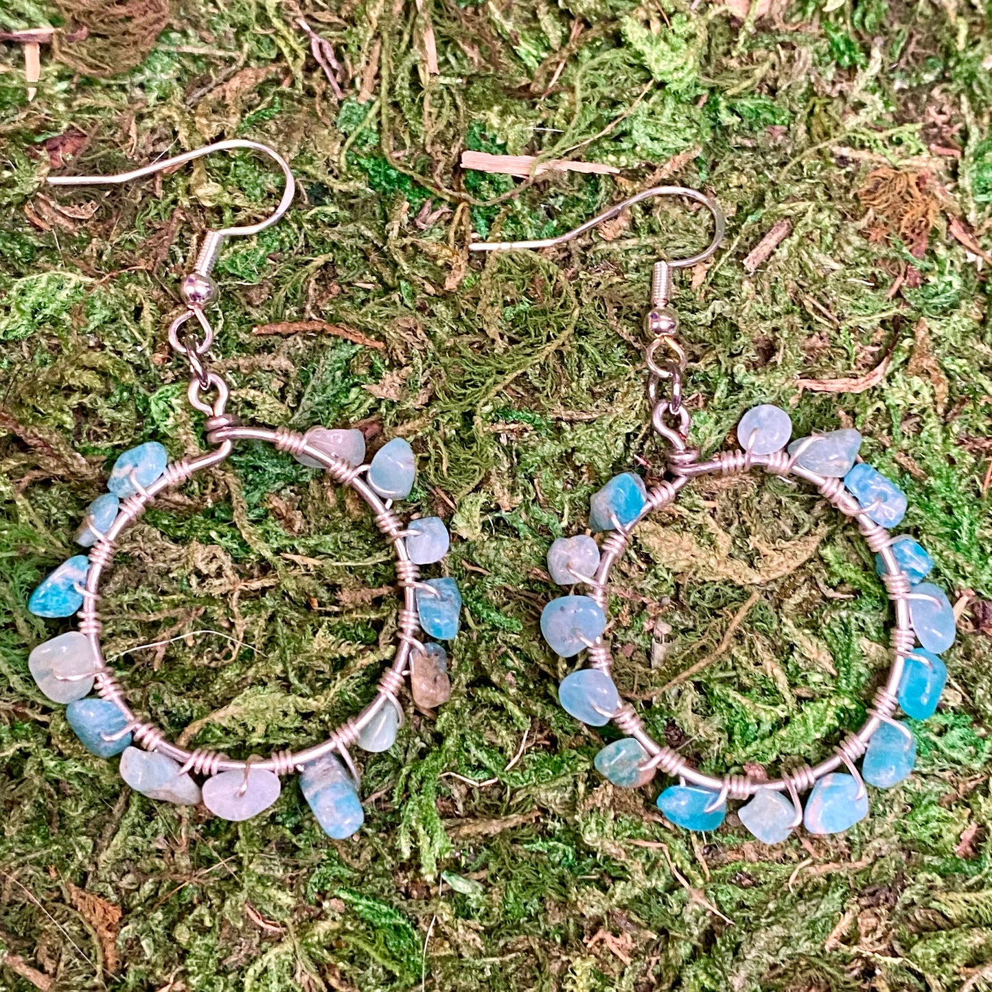 Amazonite Gemstone Chips Wire Wrapped Hoop Earrings