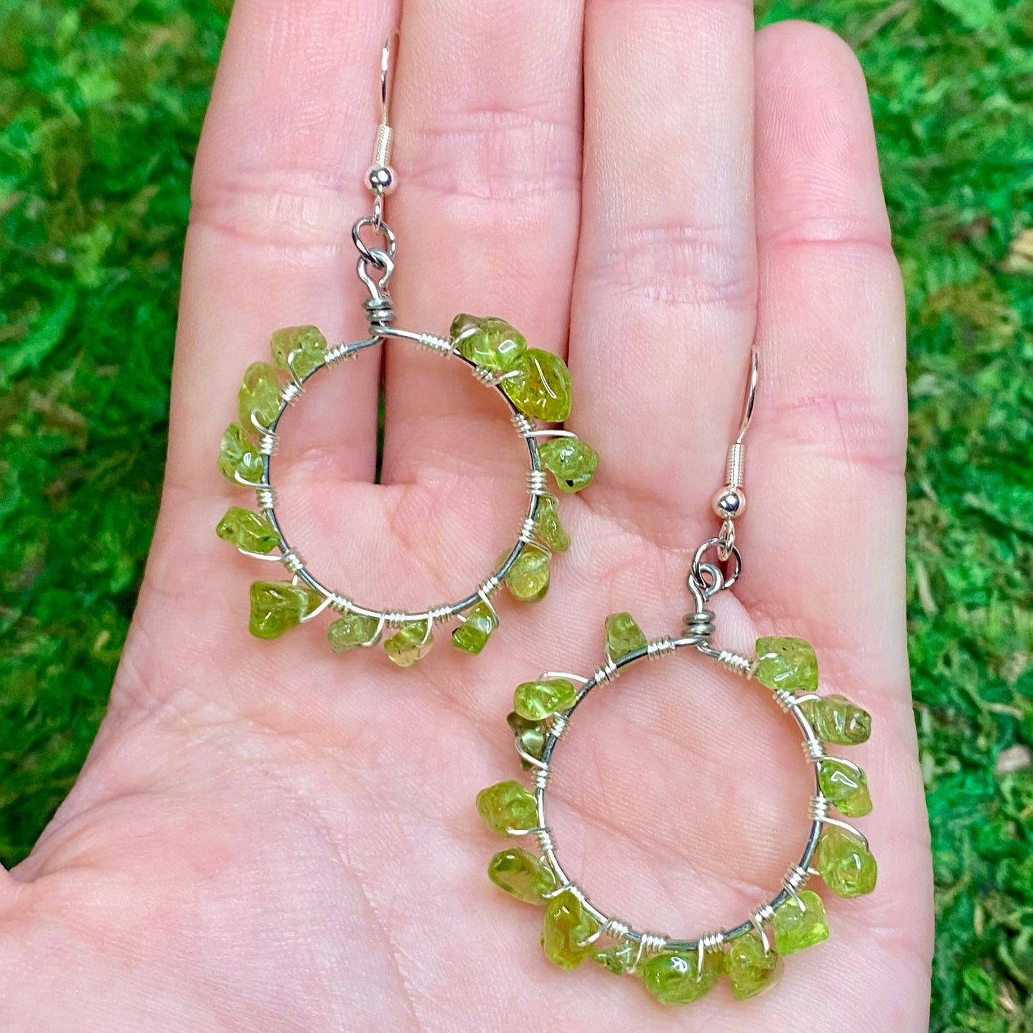 Peridot Gemstone Chips Wire Wrapped Hoop Earrings