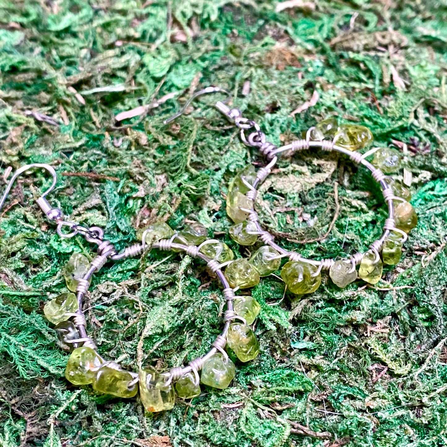 Peridot Gemstone Chips Wire Wrapped Hoop Earrings