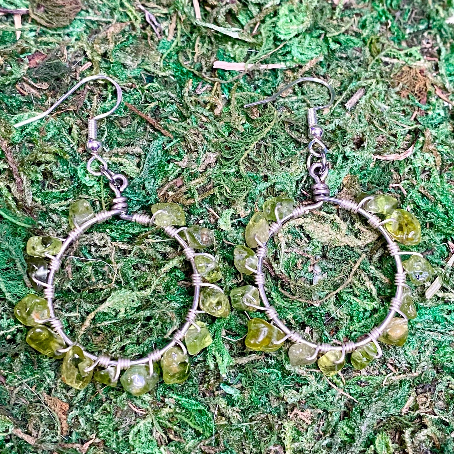 Peridot Gemstone Chips Wire Wrapped Hoop Earrings