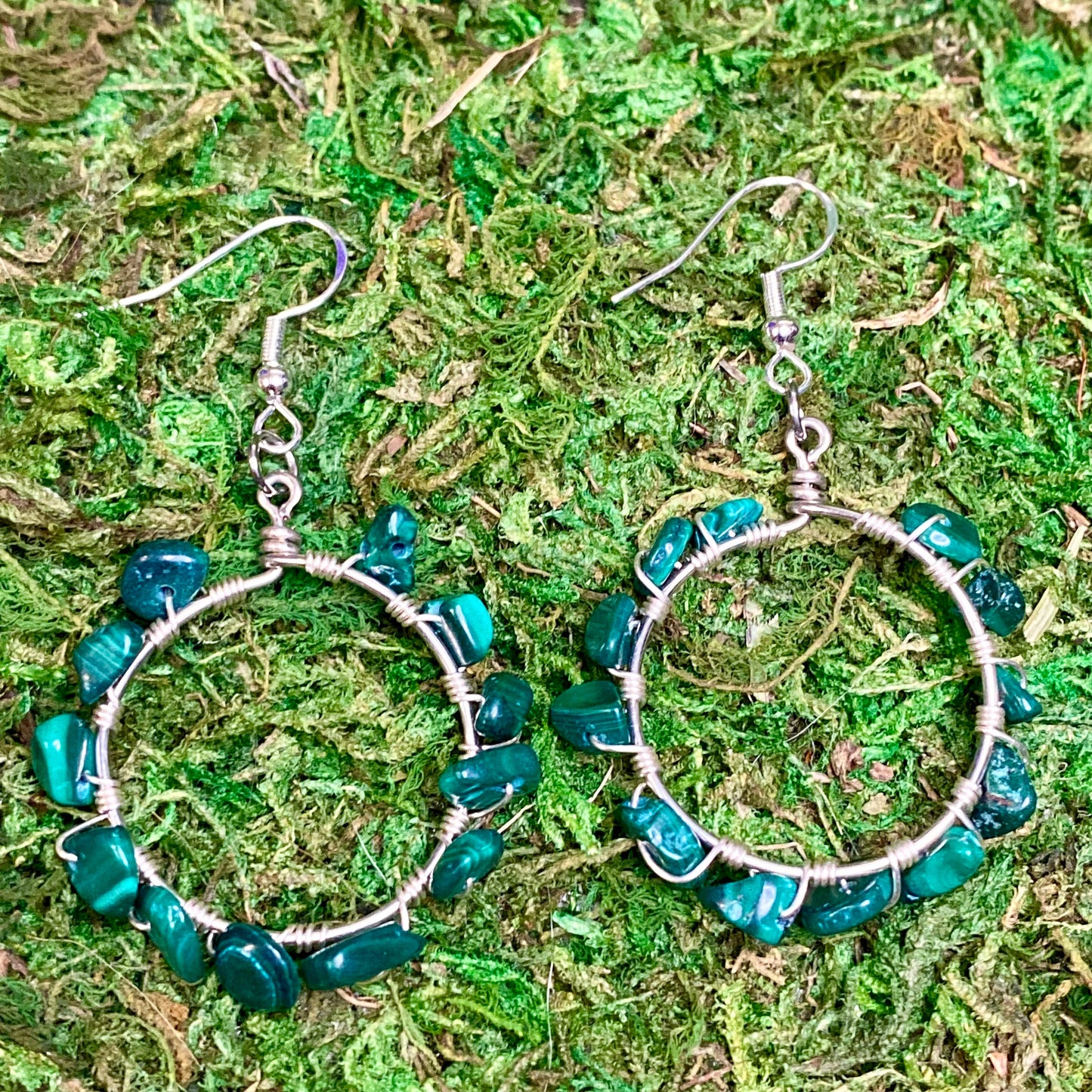 Malachite Gemstone Chips Wire Wrapped Hoop Earrings