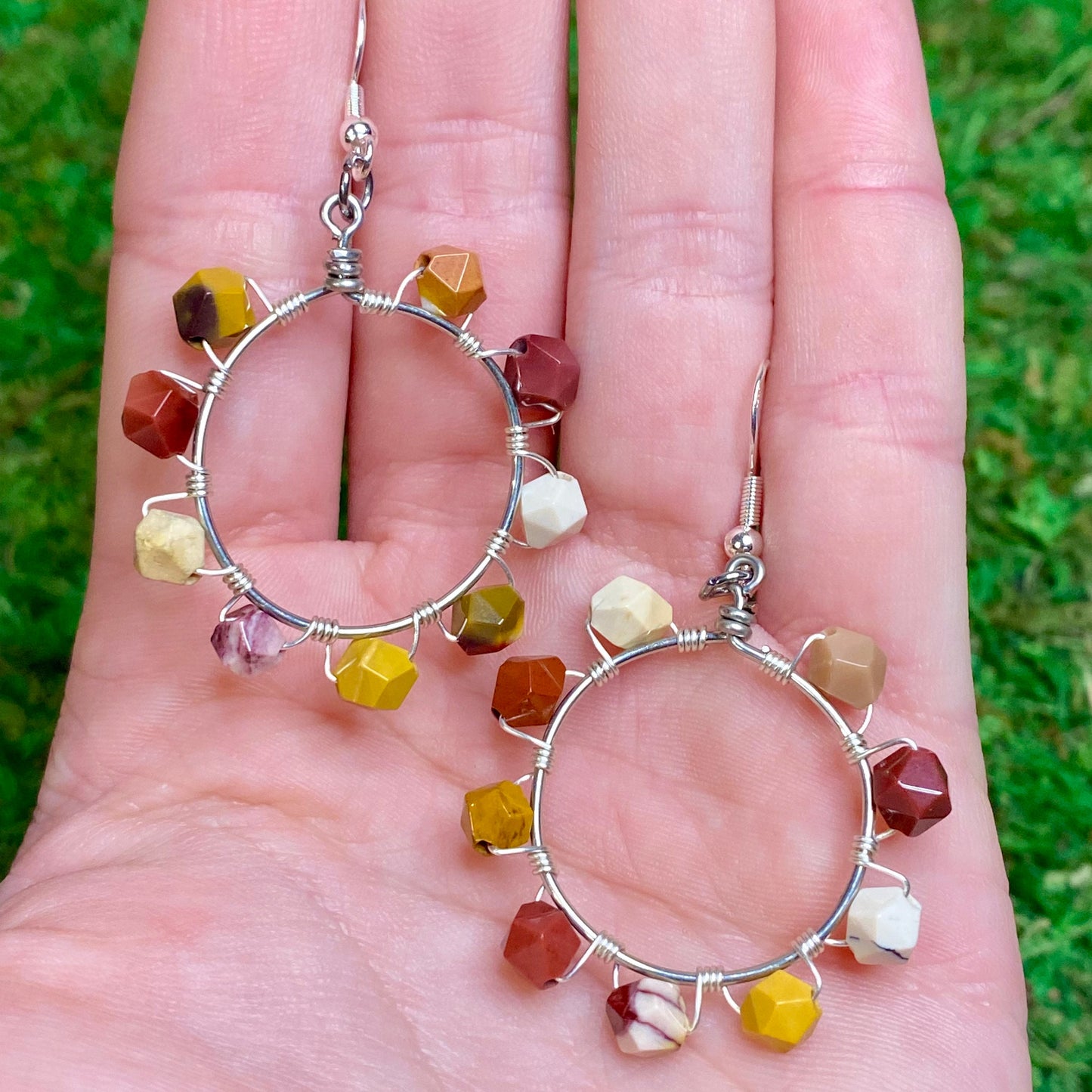 Mookaite Gemstone Beads Wire Wrapped Hoop Earrings