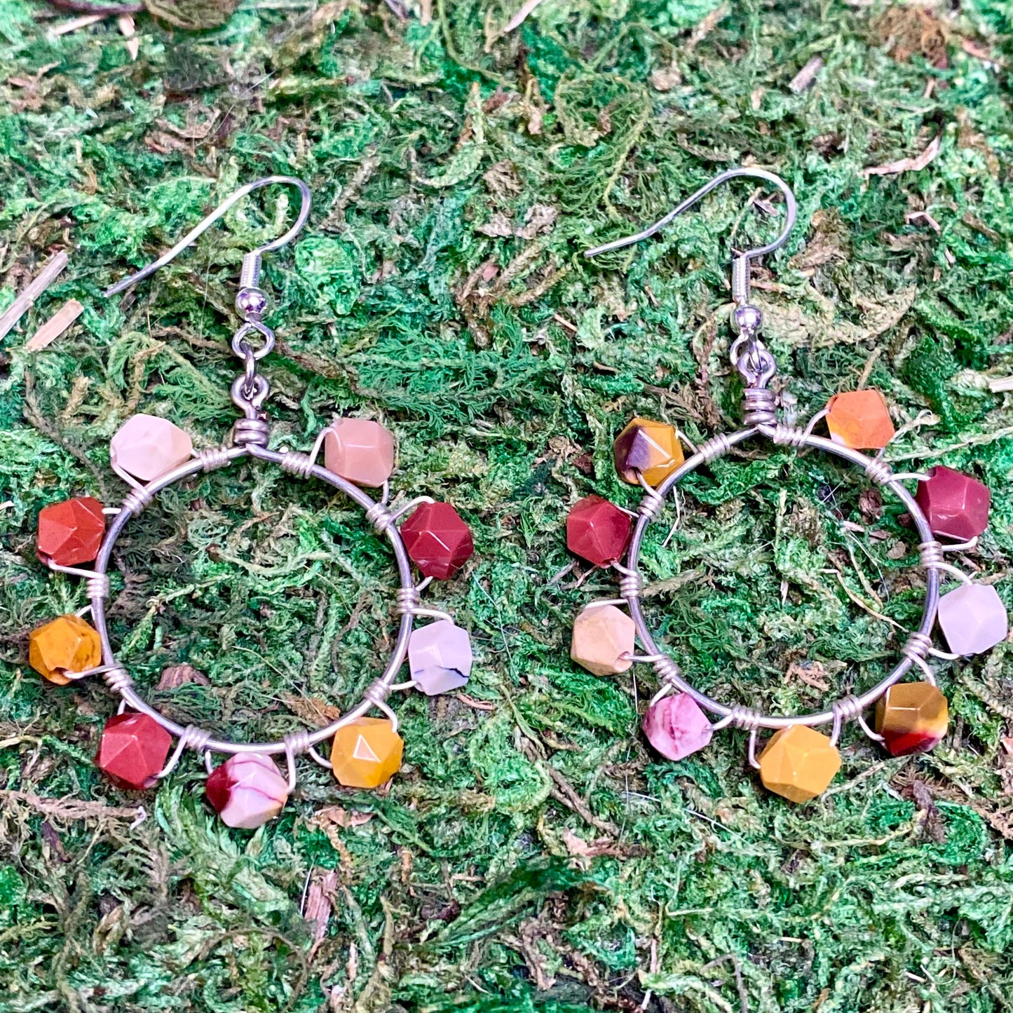 Mookaite Gemstone Beads Wire Wrapped Hoop Earrings