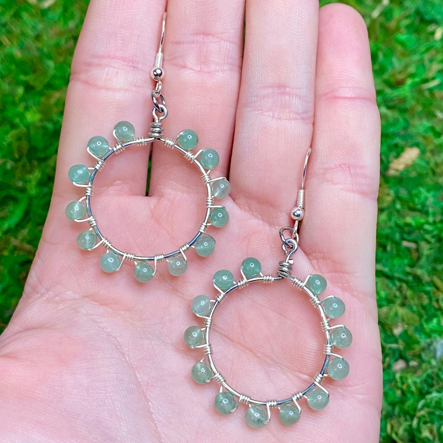 Green Aventurine Gemstone Beads Wire Wrapped Hoop Earrings