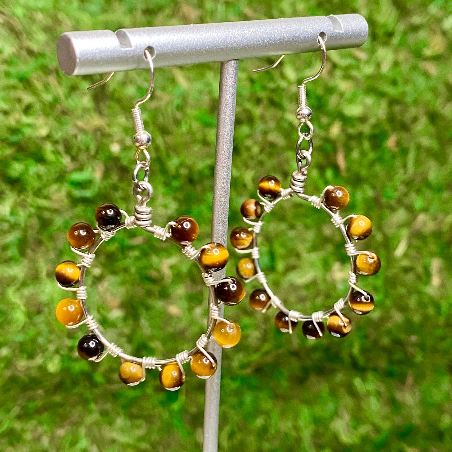 Tiger’s Eye Gemstone Beads Wire Wrapped Hoop Earrings