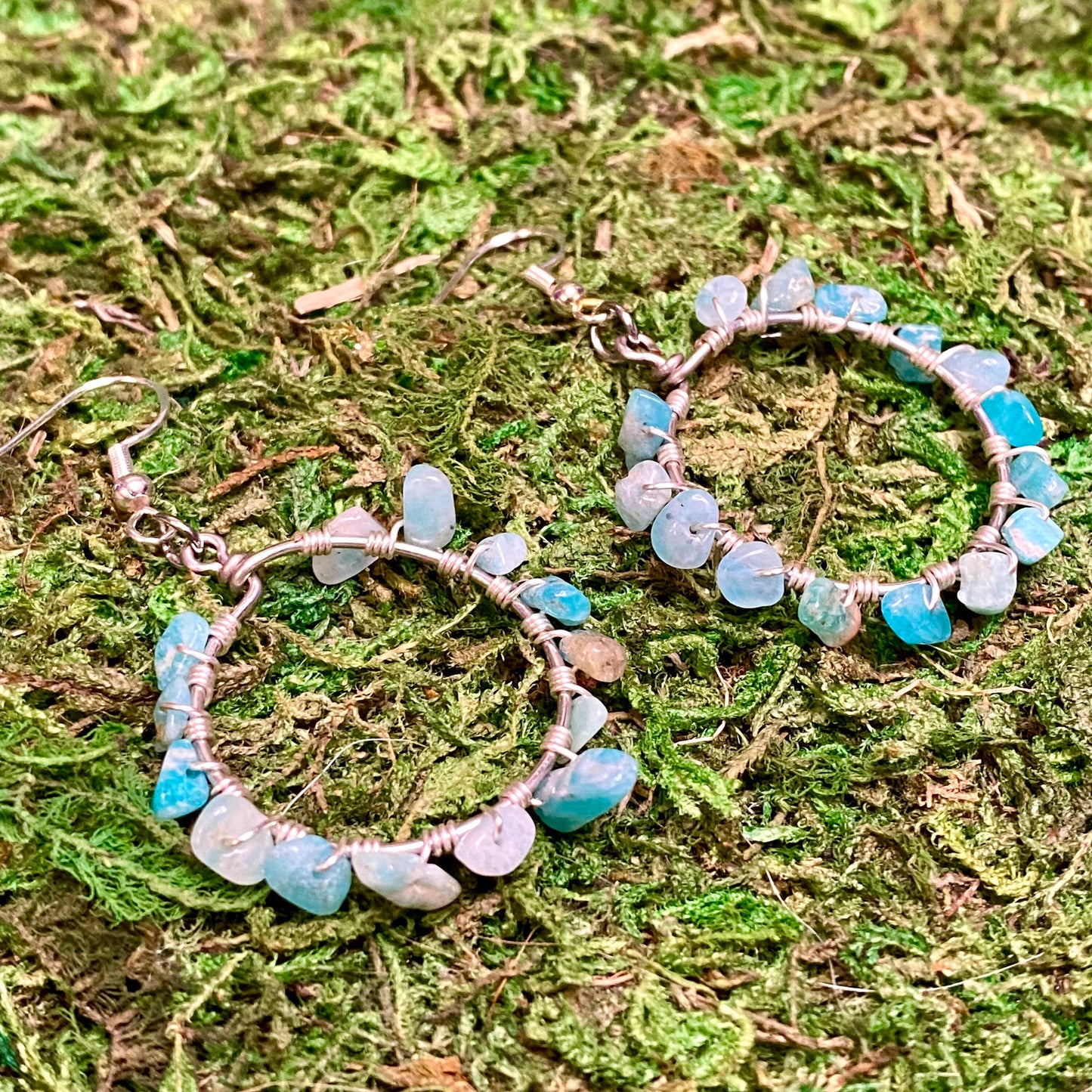 Amazonite Gemstone Chips Wire Wrapped Hoop Earrings