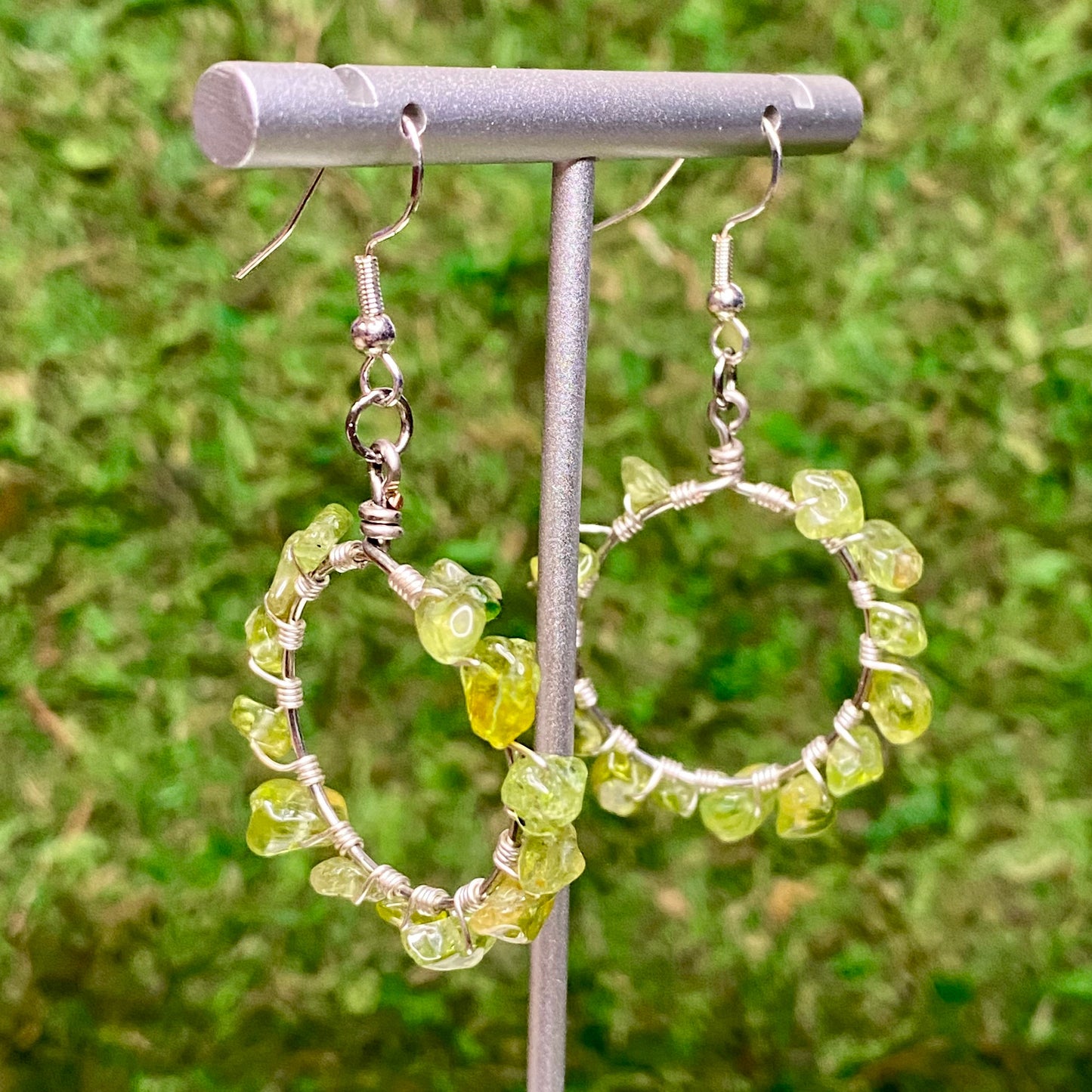Peridot Gemstone Chips Wire Wrapped Hoop Earrings