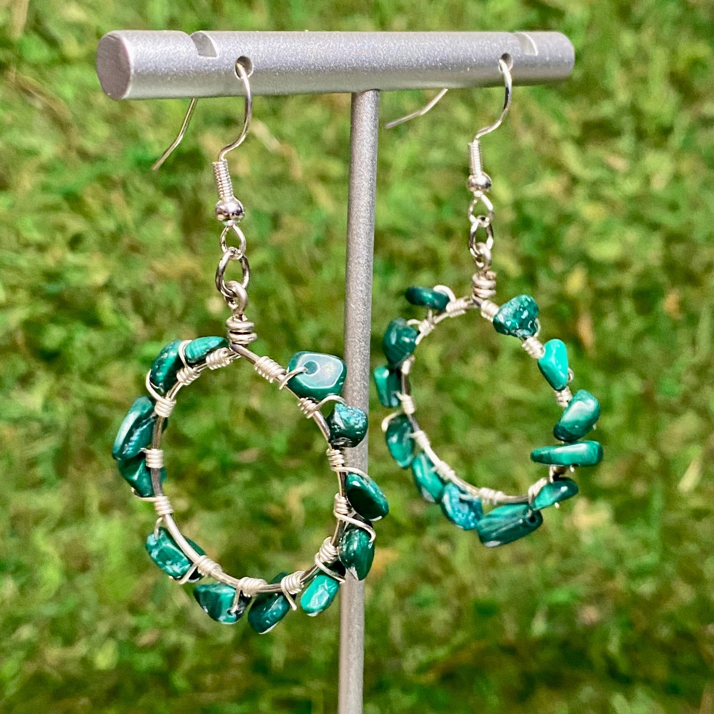Malachite Gemstone Chips Wire Wrapped Hoop Earrings