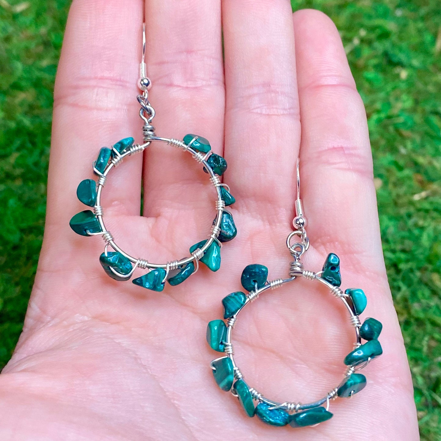 Malachite Gemstone Chips Wire Wrapped Hoop Earrings