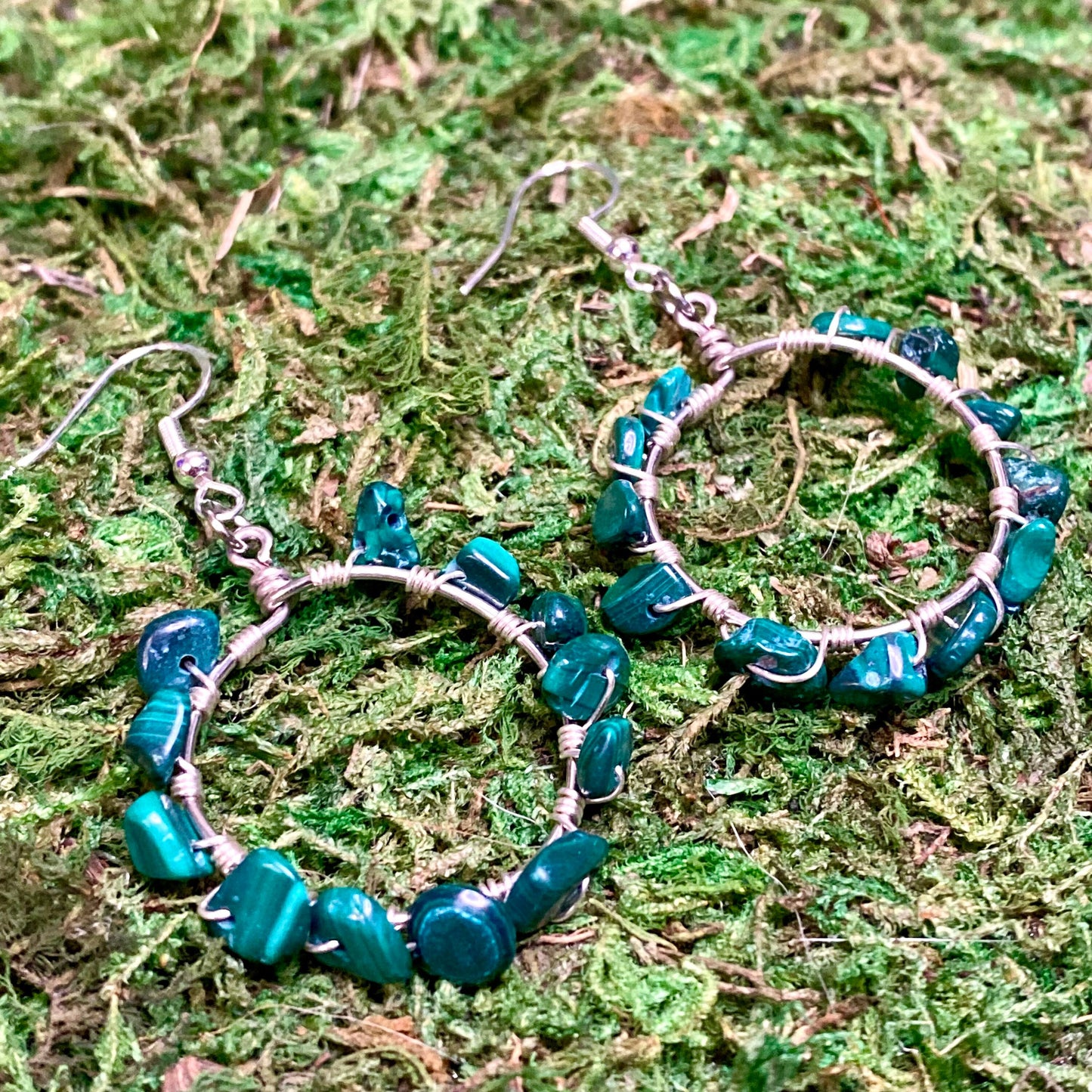 Malachite Gemstone Chips Wire Wrapped Hoop Earrings