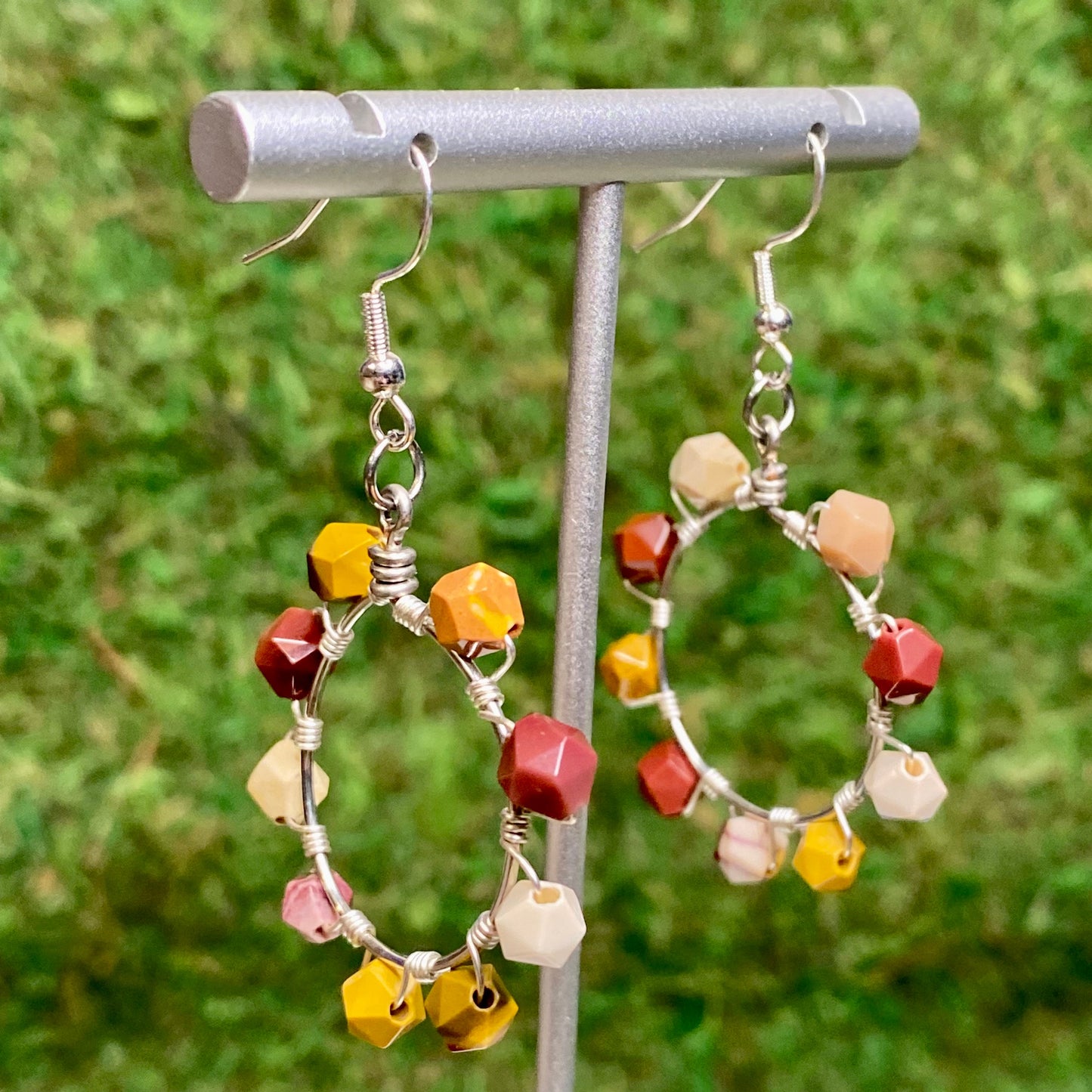 Mookaite Gemstone Beads Wire Wrapped Hoop Earrings