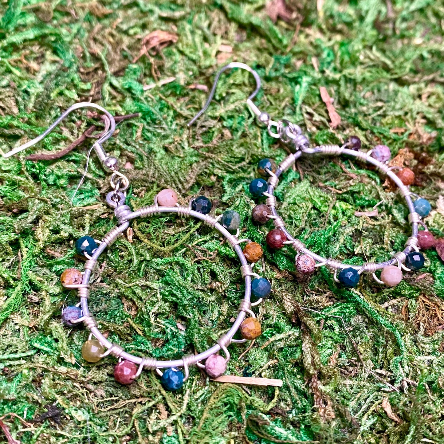 Ocean Jasper Gemstone Beads Wire Wrapped Hoop Earrings