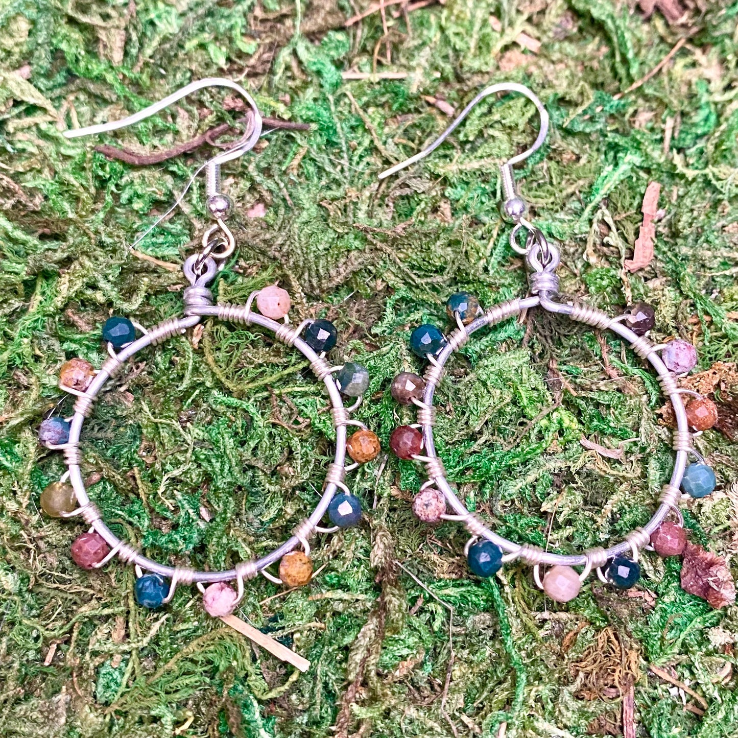 Ocean Jasper Gemstone Beads Wire Wrapped Hoop Earrings