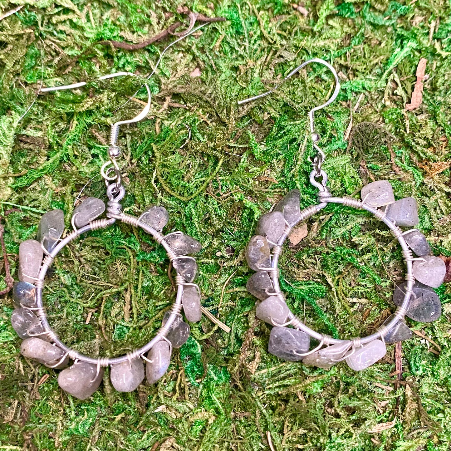 Labradorite Gemstone Beads Wire Wrapped Hoop Earrings