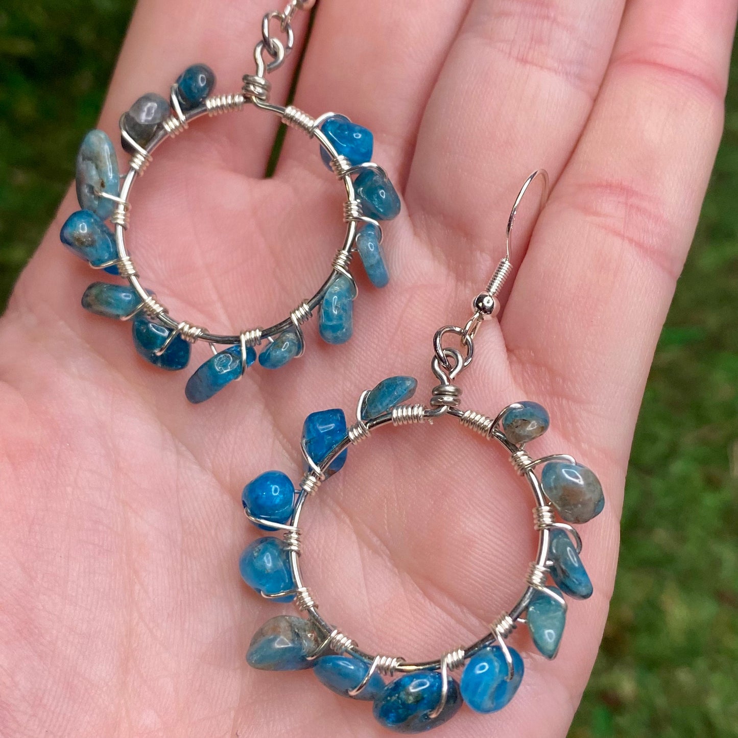 Blue Apatite Gemstone Beads Wire Wrapped Hoop Earrings