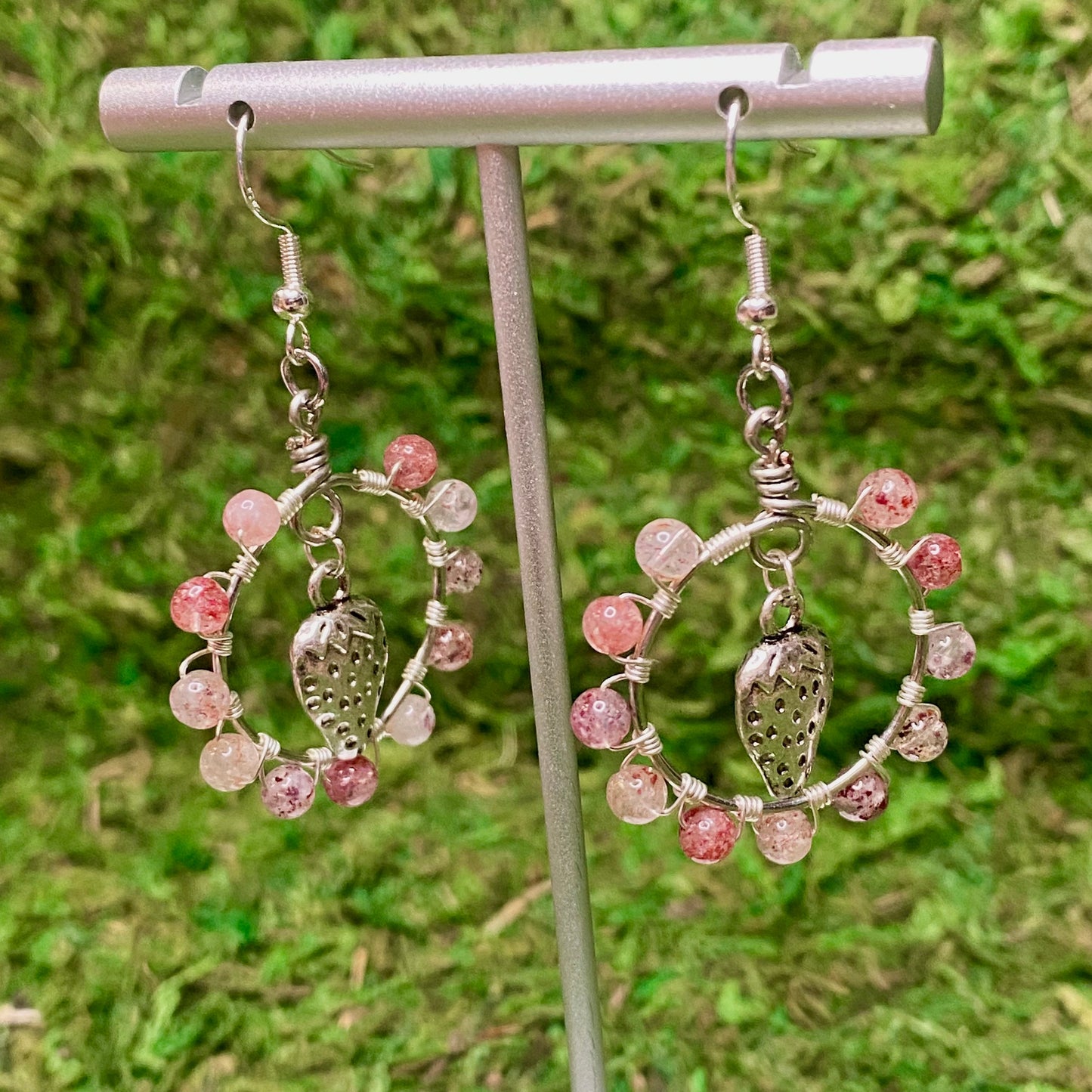 Strawberry Quartz & Strawberry Charm Wire Wrapped Hoop Earrings.