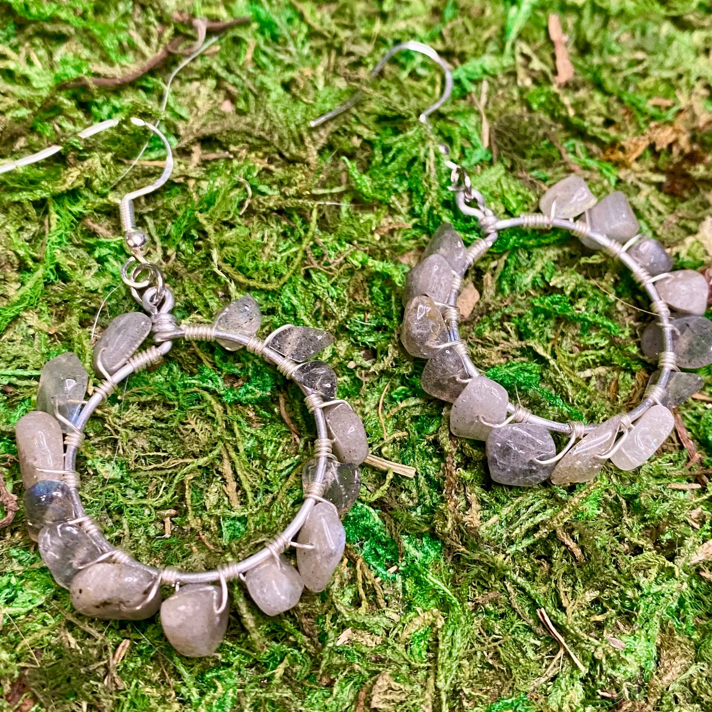 Labradorite Gemstone Beads Wire Wrapped Hoop Earrings