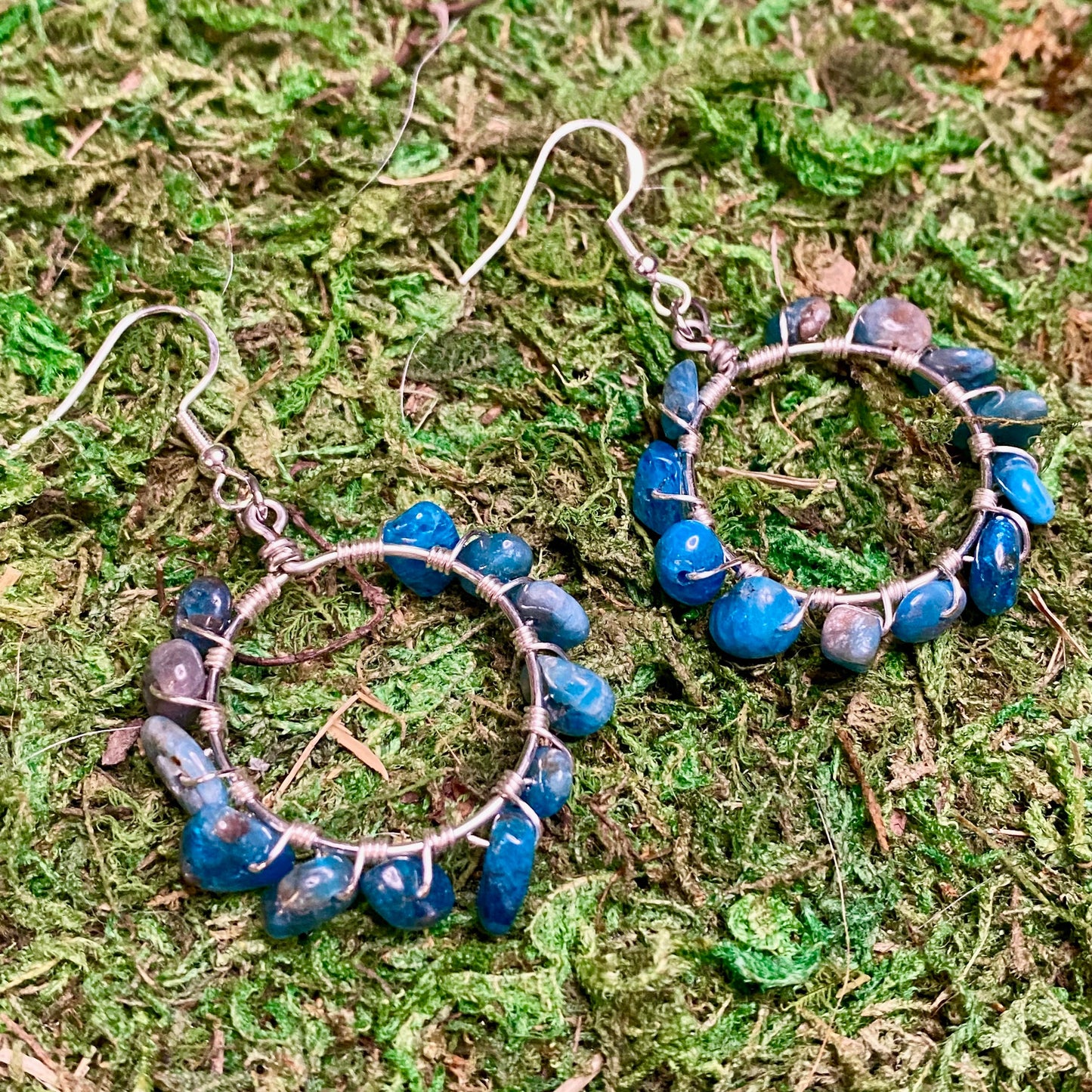 Blue Apatite Gemstone Beads Wire Wrapped Hoop Earrings