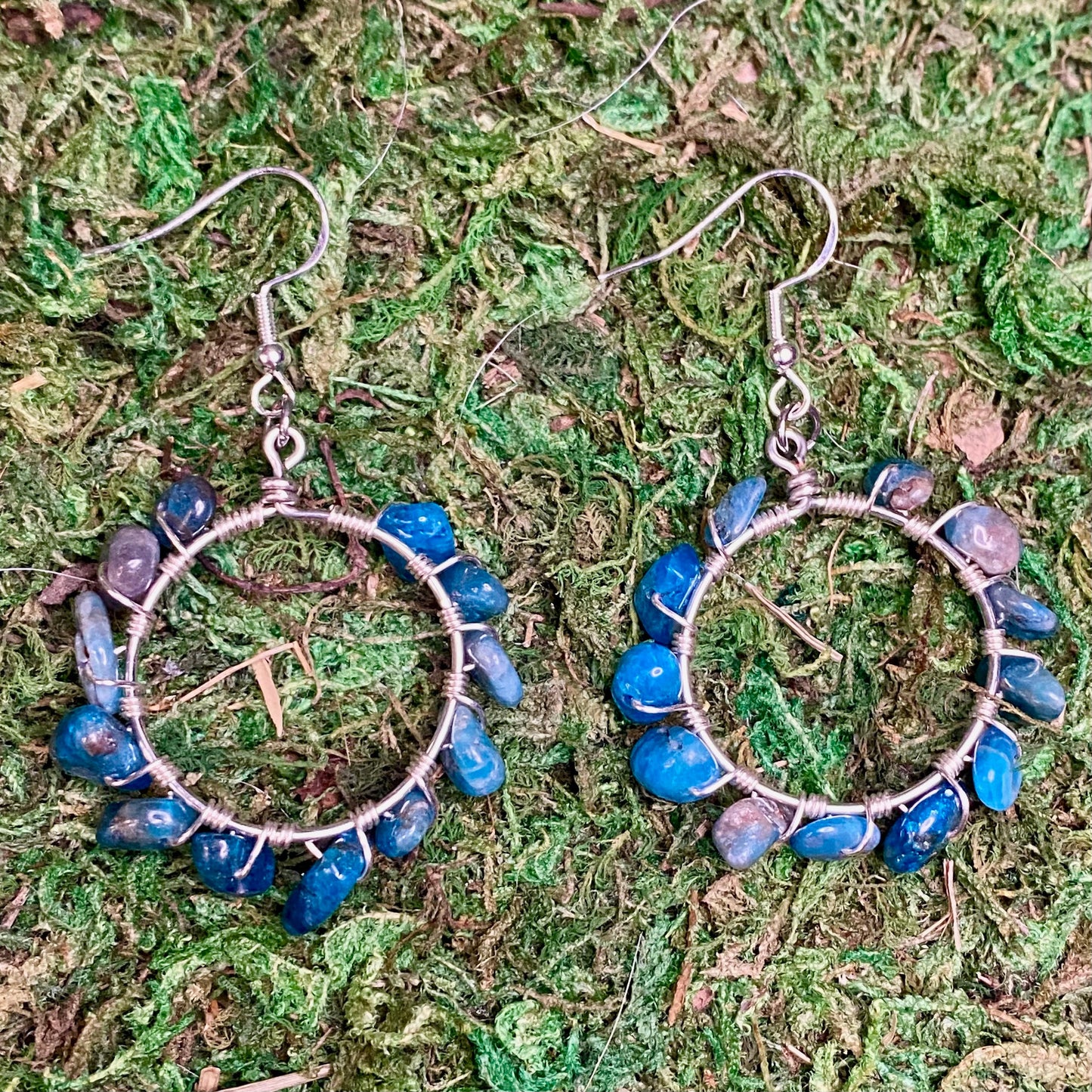 Blue Apatite Gemstone Beads Wire Wrapped Hoop Earrings