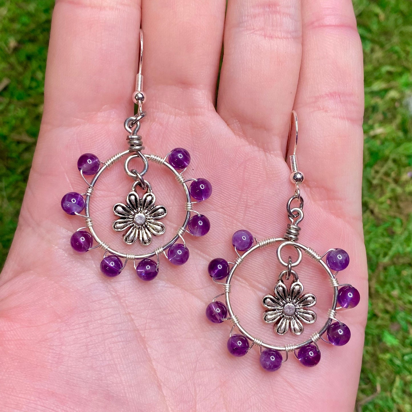 Amethyst & Flower Charm Wire Wrapped Hoop Earrings.