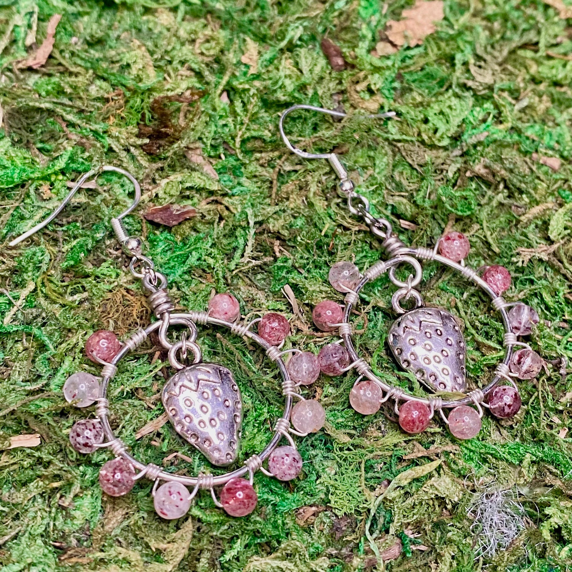 Strawberry Quartz & Strawberry Charm Wire Wrapped Hoop Earrings.