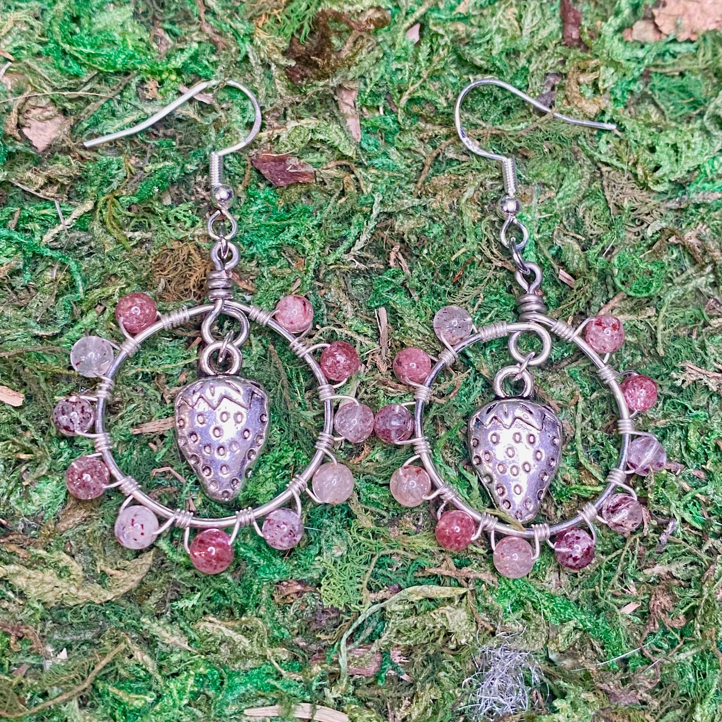 Strawberry Quartz & Strawberry Charm Wire Wrapped Hoop Earrings.