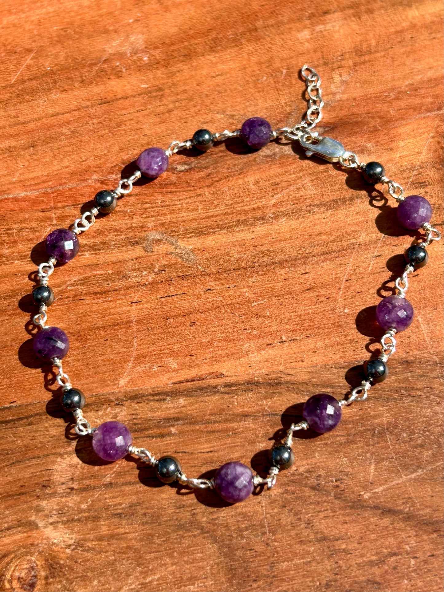 Amethyst & Hematite Chain Link Gemstone 925 Sterling Silver Anklet