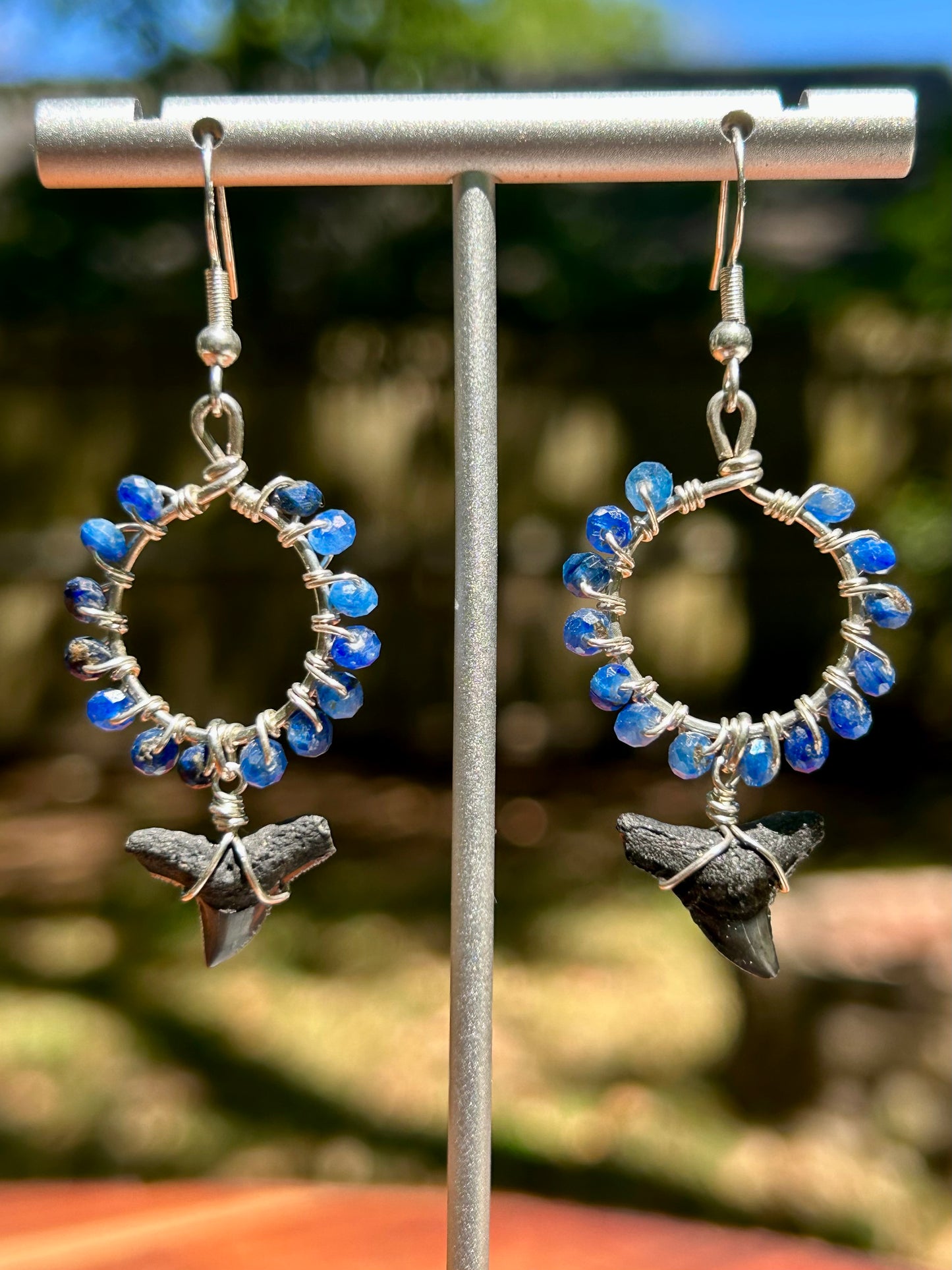 Shark Teeth & Kyanite Gemstone Wire Wrapped Sterling Silver Dangly Hoop Earrings