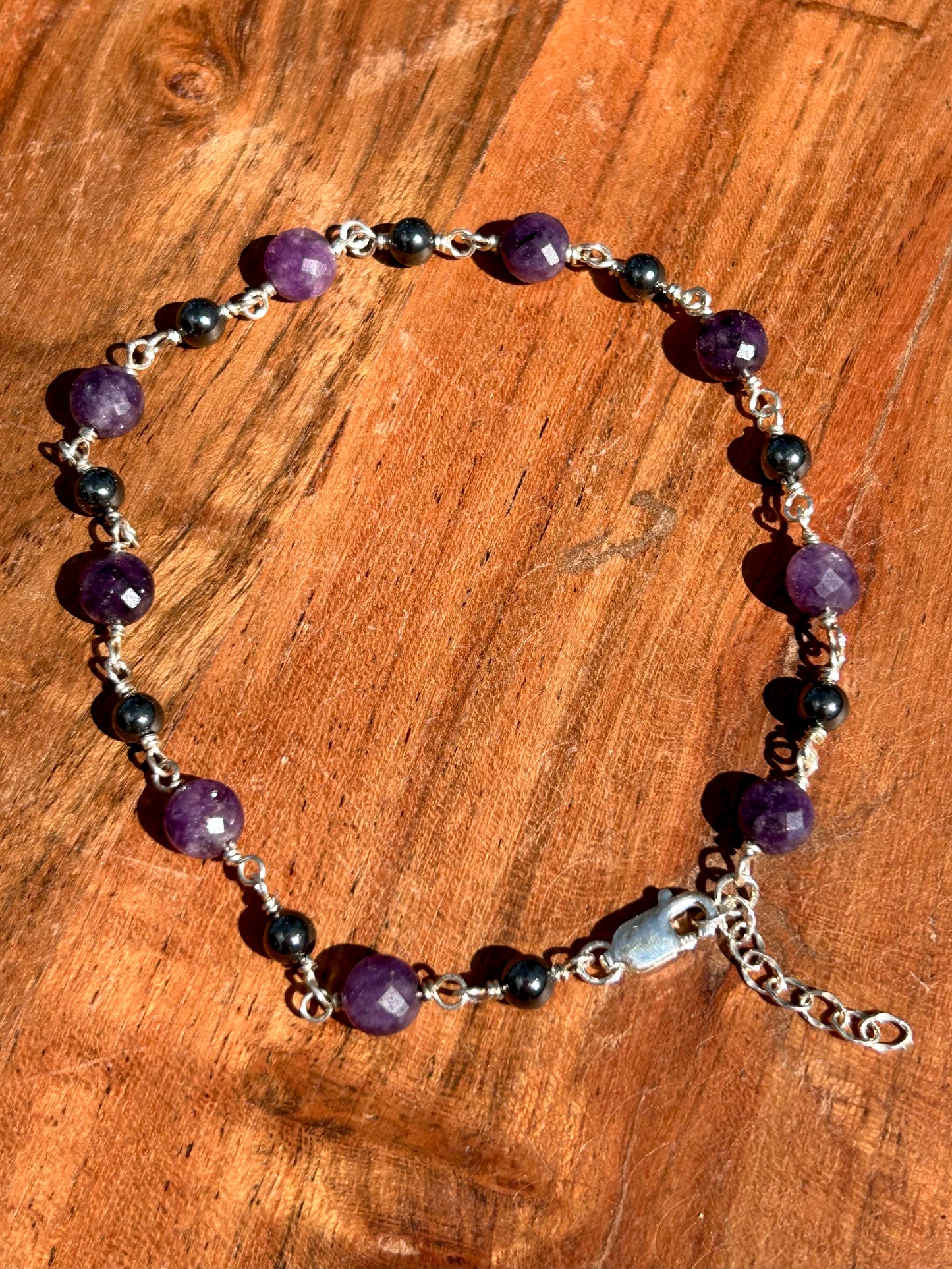 Amethyst & Hematite Chain Link Gemstone 925 Sterling Silver Anklet