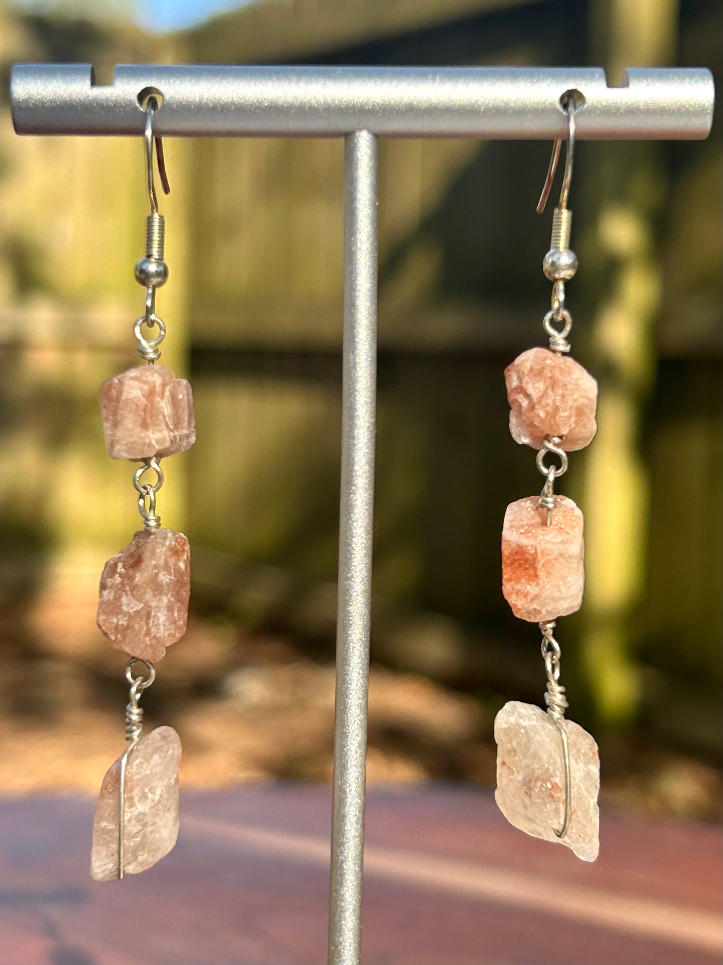 Triple Stone Rough Crystal Chain Link Sterling Silver Dangly Earrings