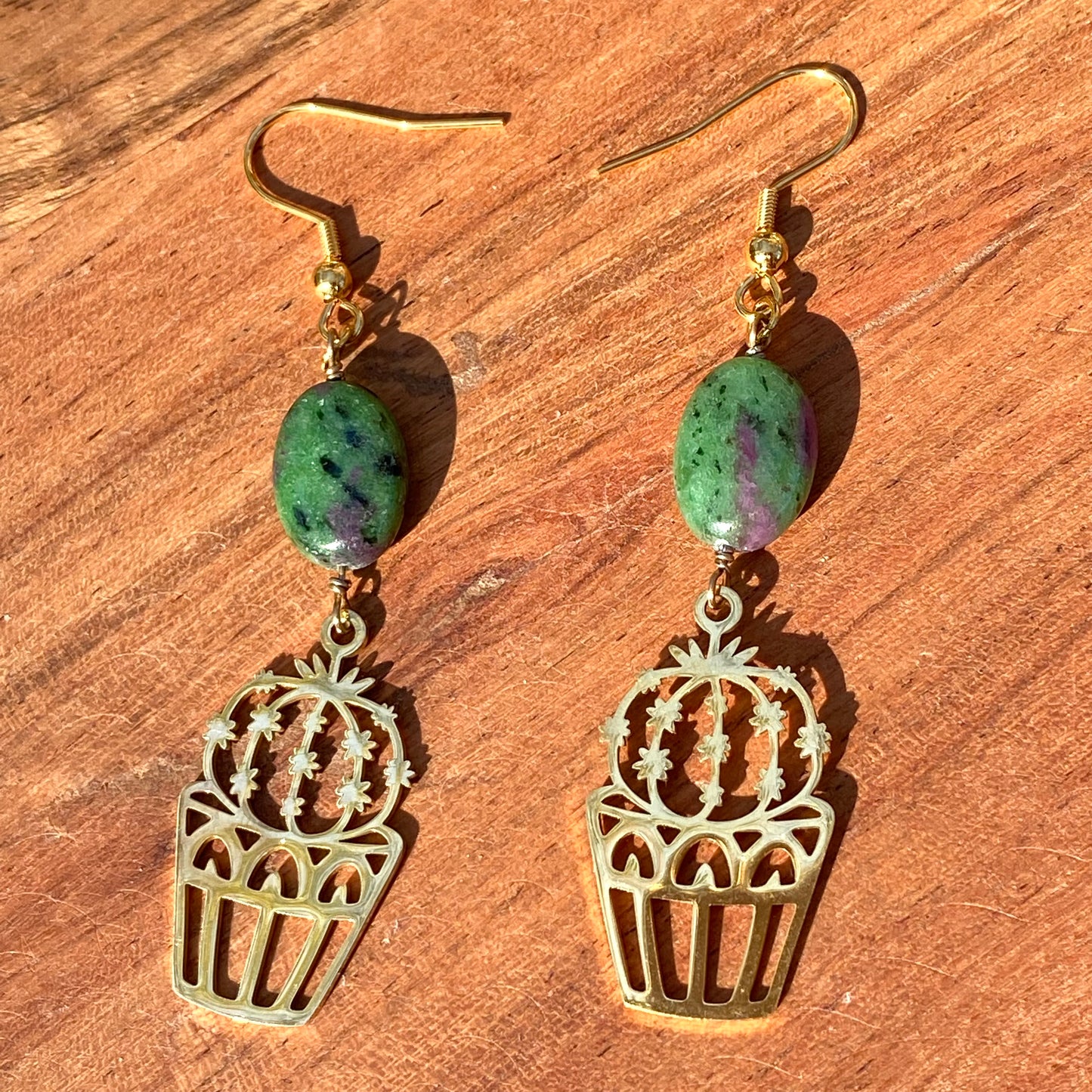 Ruby Zoisite & Cactus Charm 18k Gold Plated Stainless Steel Earrings