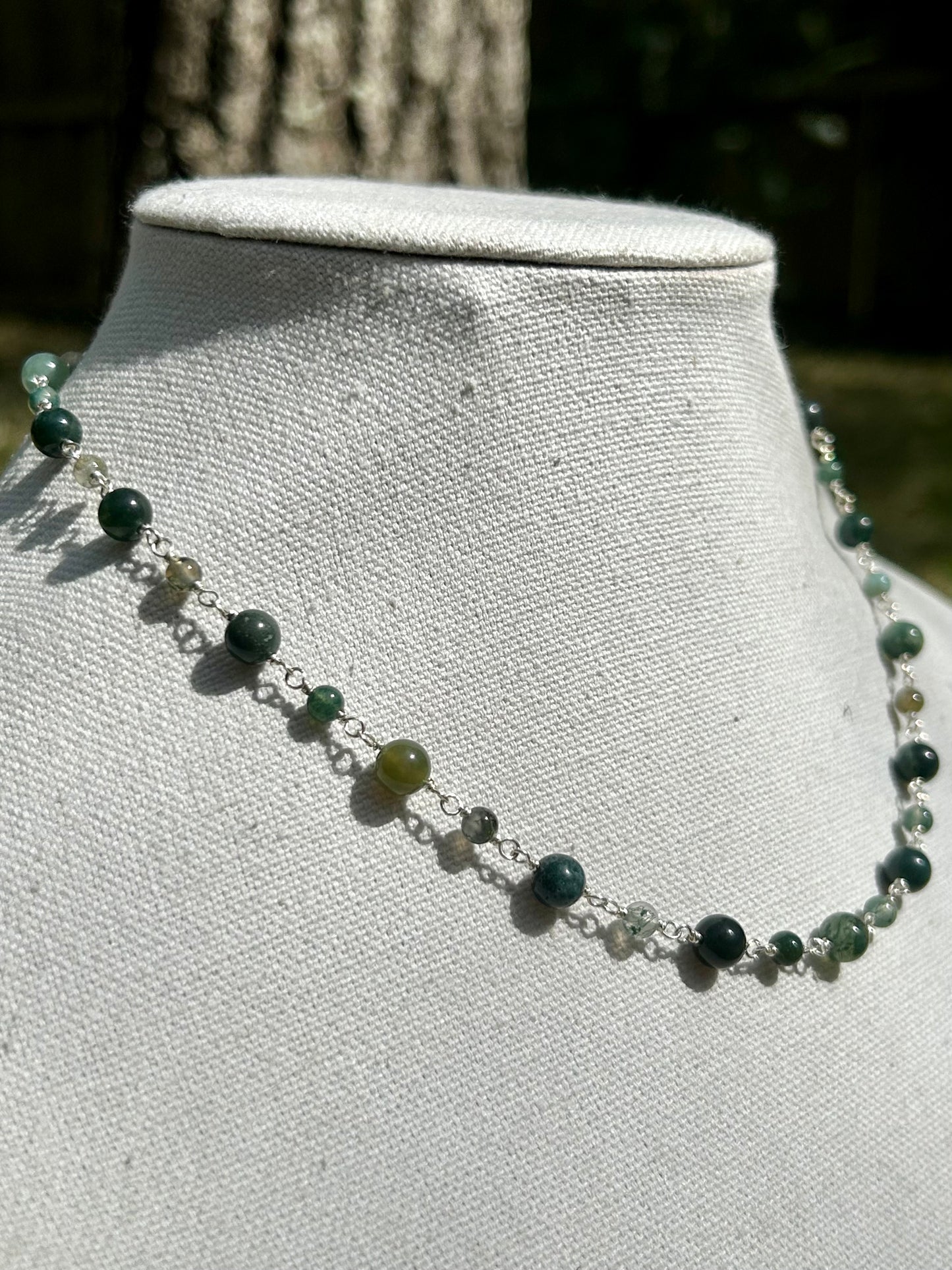 Moss Agate Gemstone Sterling Silver Chain Link Wire Wrapped Necklace