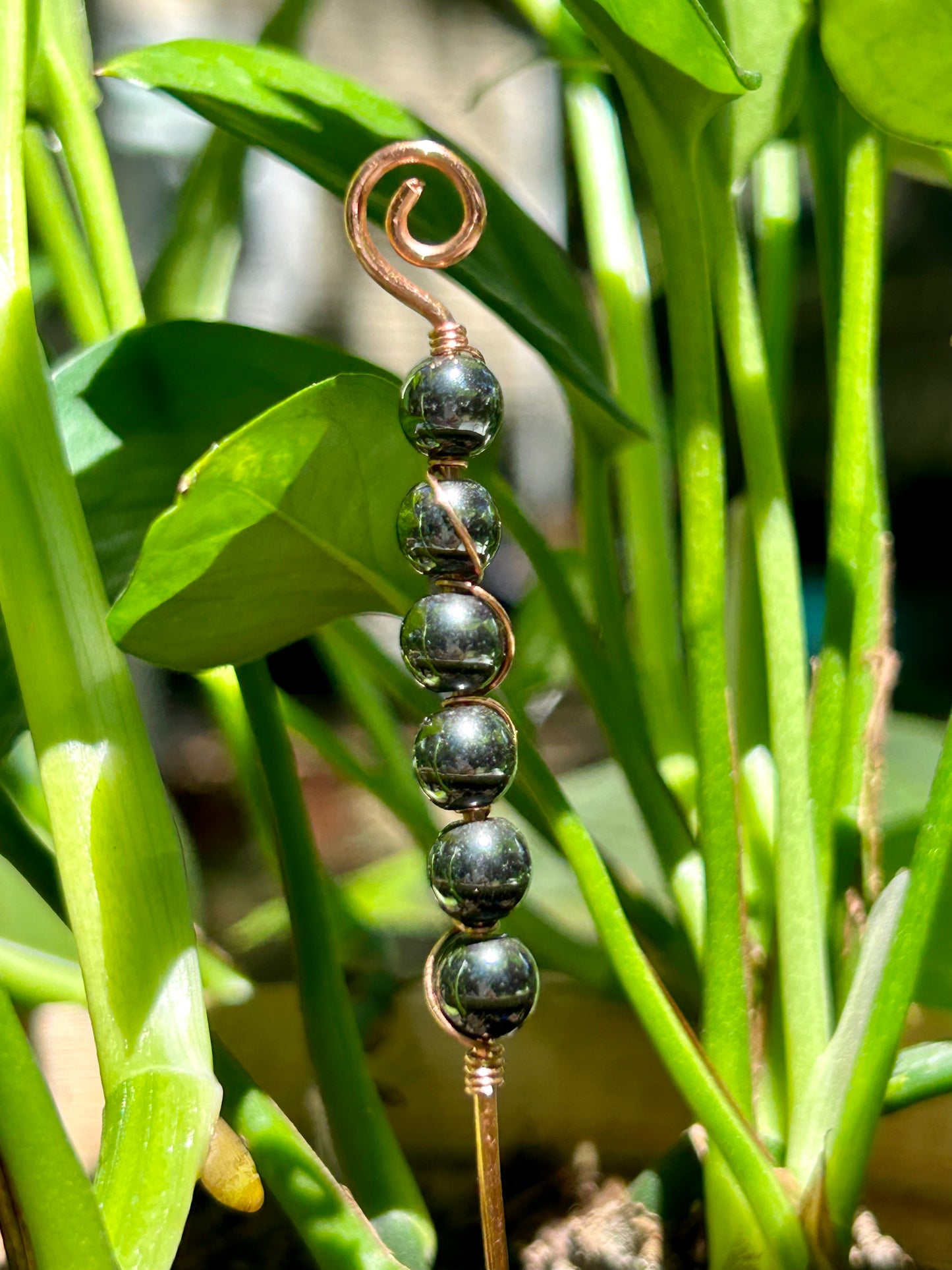 Hematite Gemstone Wire Wrapped Copper Plant Stake Decor