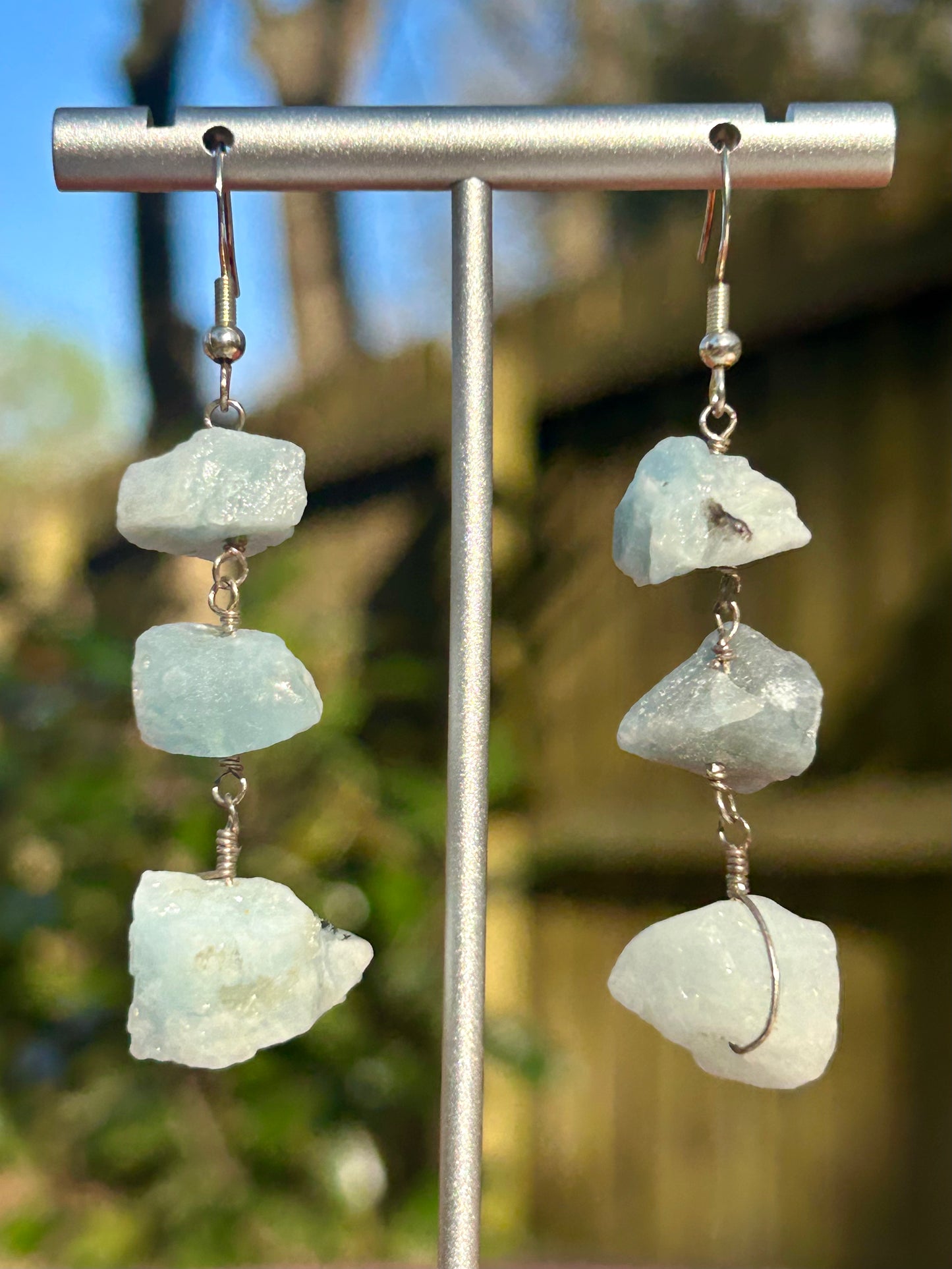 Triple Stone Rough Crystal Chain Link Sterling Silver Dangly Earrings