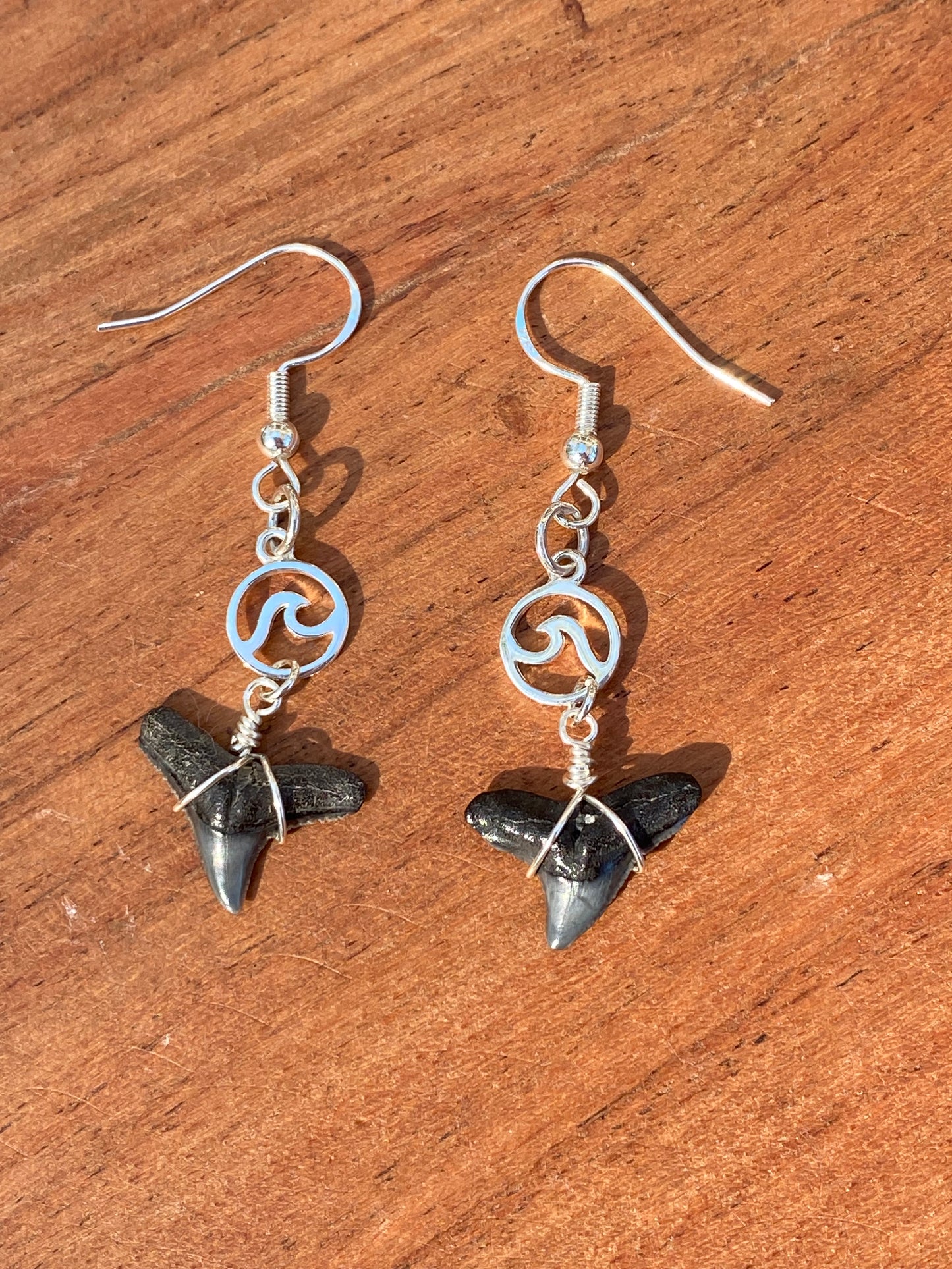 Shark Tooth Fossil with Ocean Wave Charms Sterling Silver Dangly Earrings