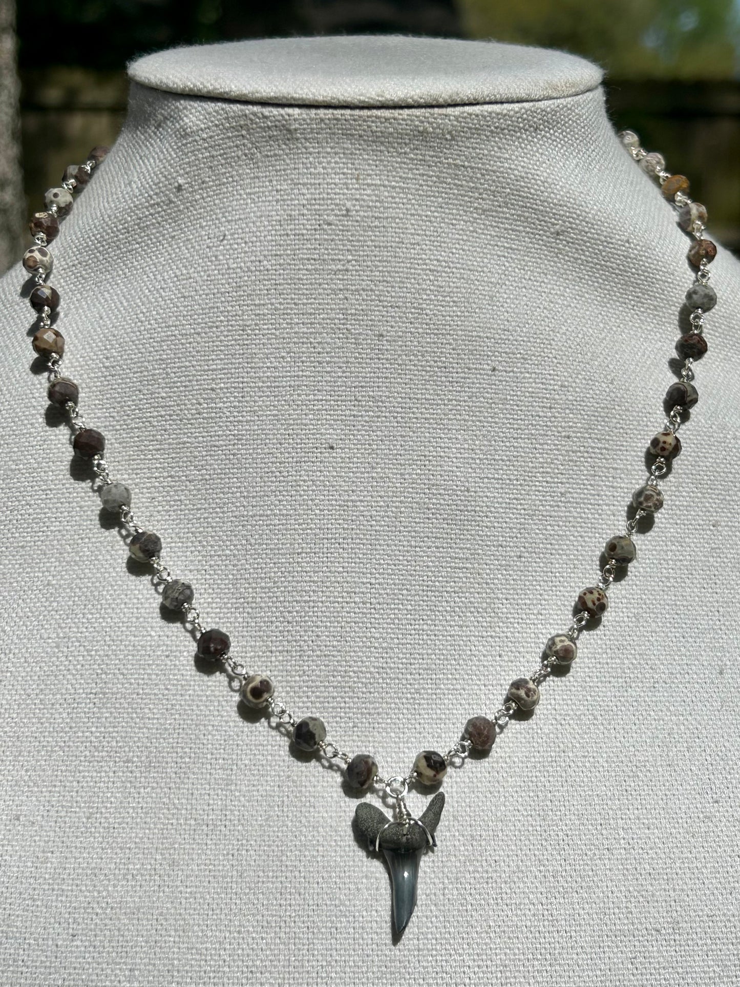 Shark Tooth Fossil with Mexican Orbicular Jasper Gemstone Sterling Silver Chain Link Wire Wrapped Necklace