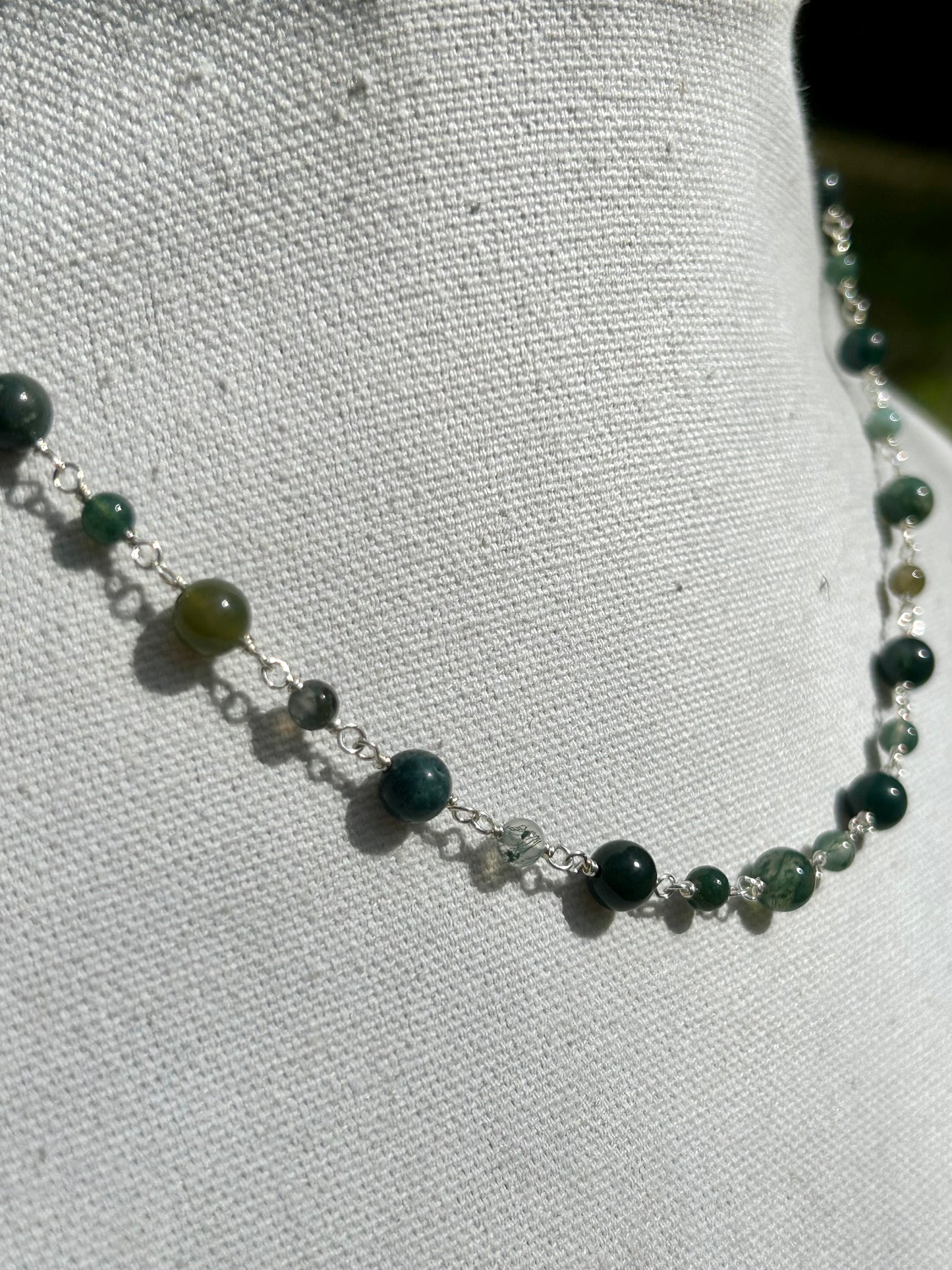 Moss Agate Gemstone Sterling Silver Chain Link Wire Wrapped Necklace