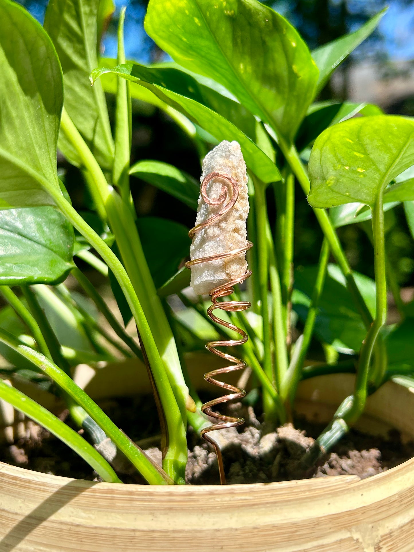 Spirit Quartz Gemstone Wire Wrapped Copper Plant Stake Decor