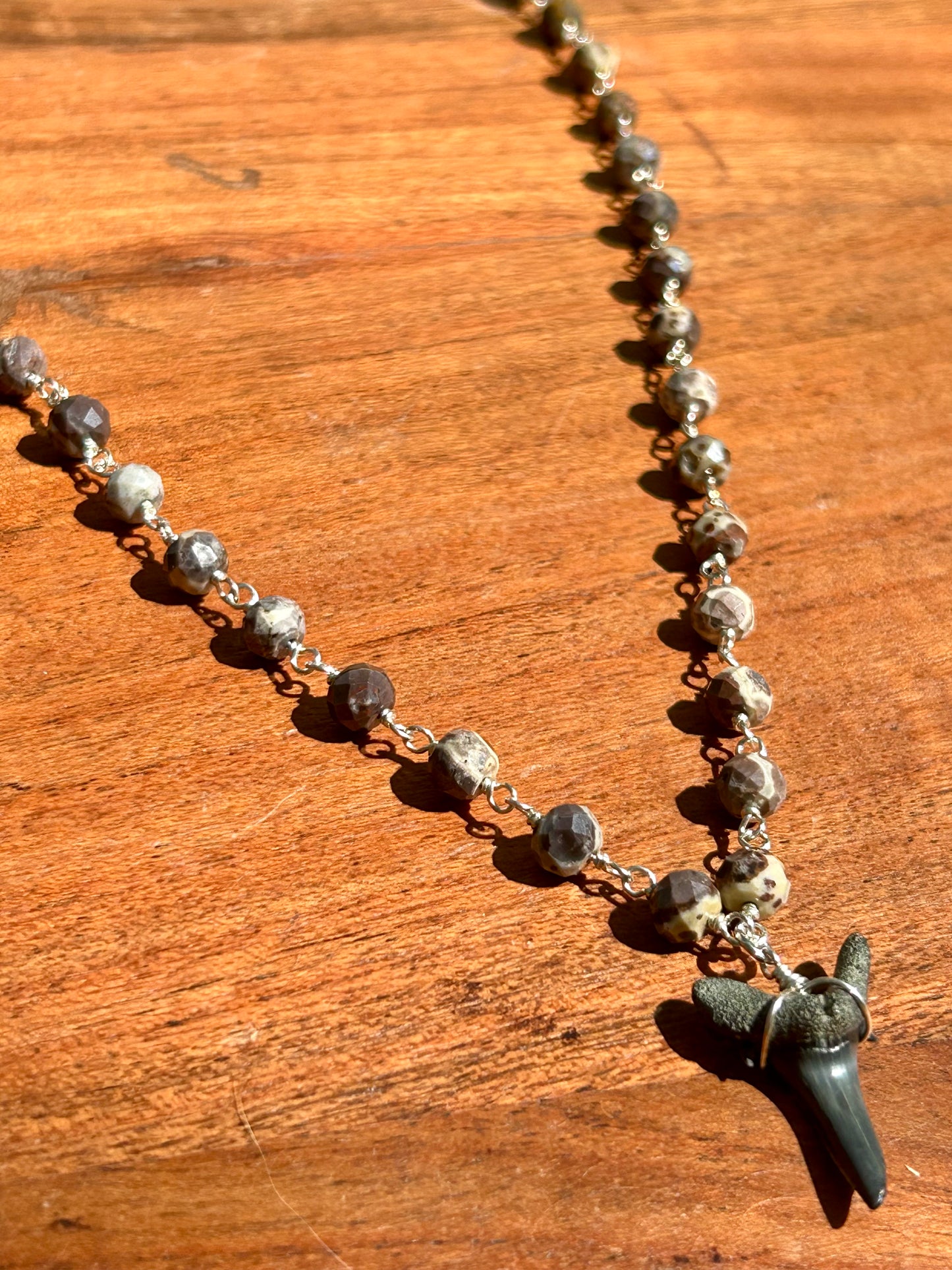Shark Tooth Fossil with Mexican Orbicular Jasper Gemstone Sterling Silver Chain Link Wire Wrapped Necklace