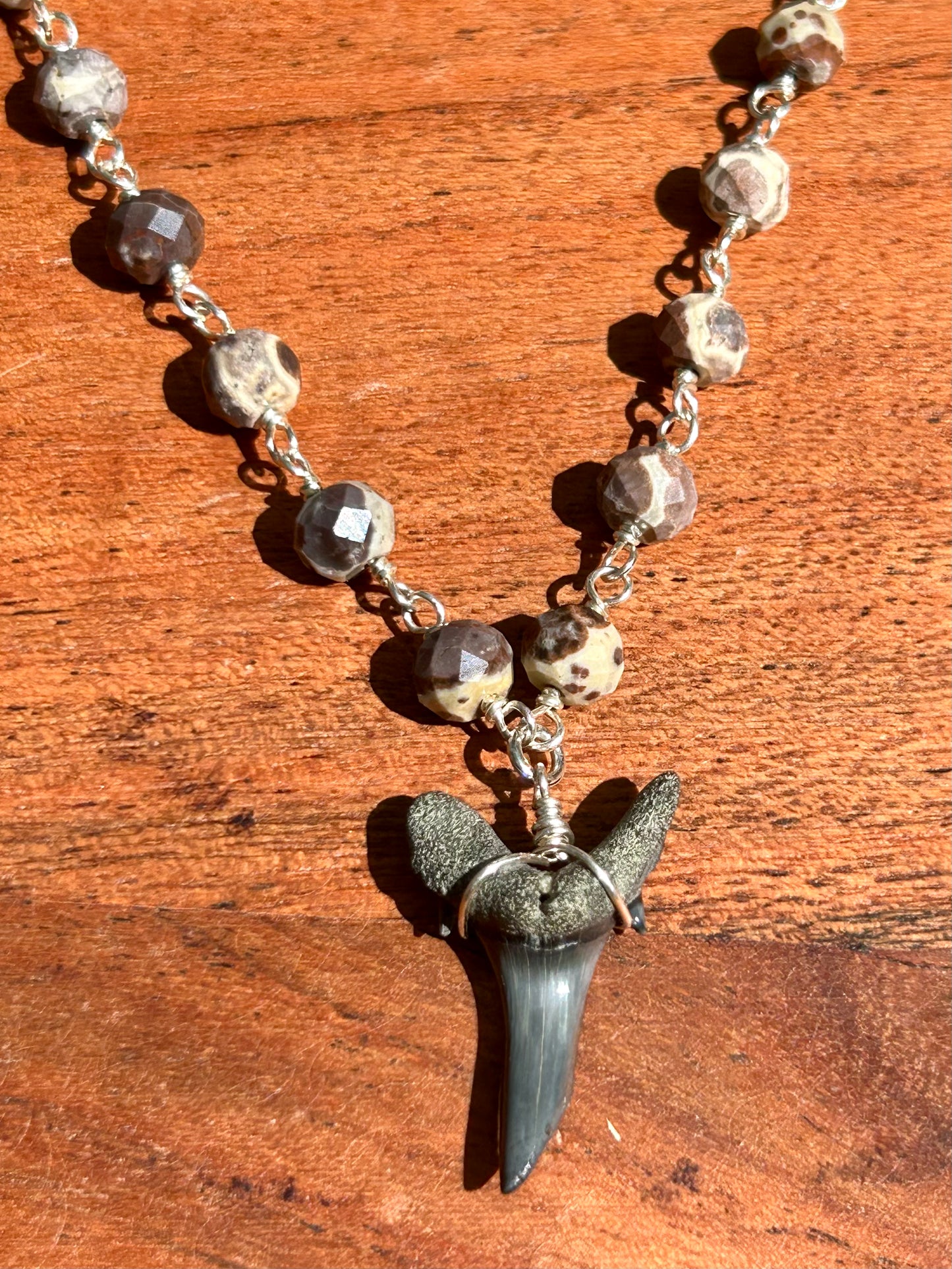 Shark Tooth Fossil with Mexican Orbicular Jasper Gemstone Sterling Silver Chain Link Wire Wrapped Necklace